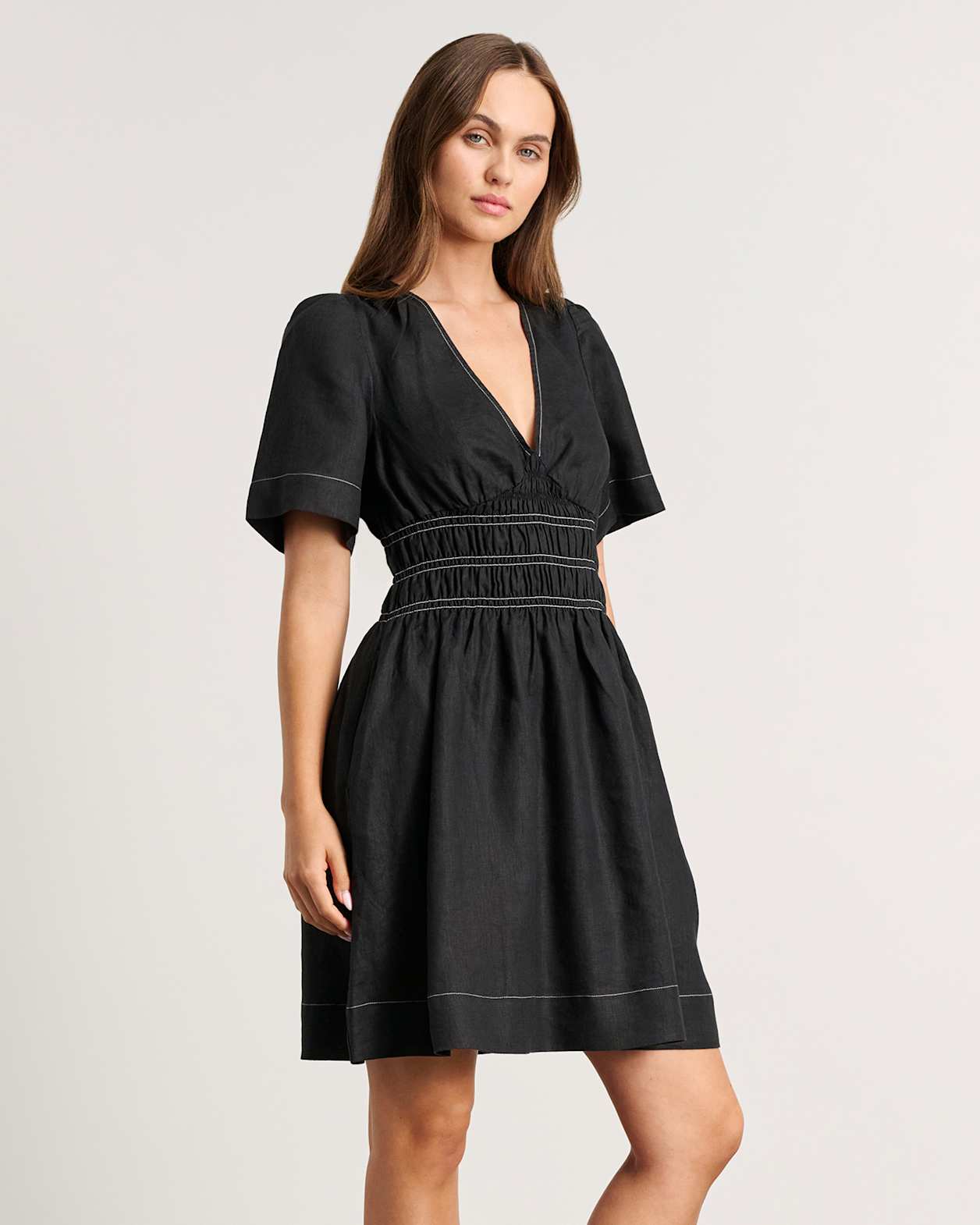 Siena Linen V Neck Mini Dress in BLACK
