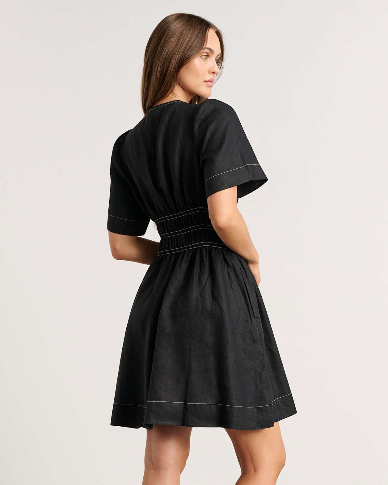Siena Linen V Neck Mini Dress in BLACK