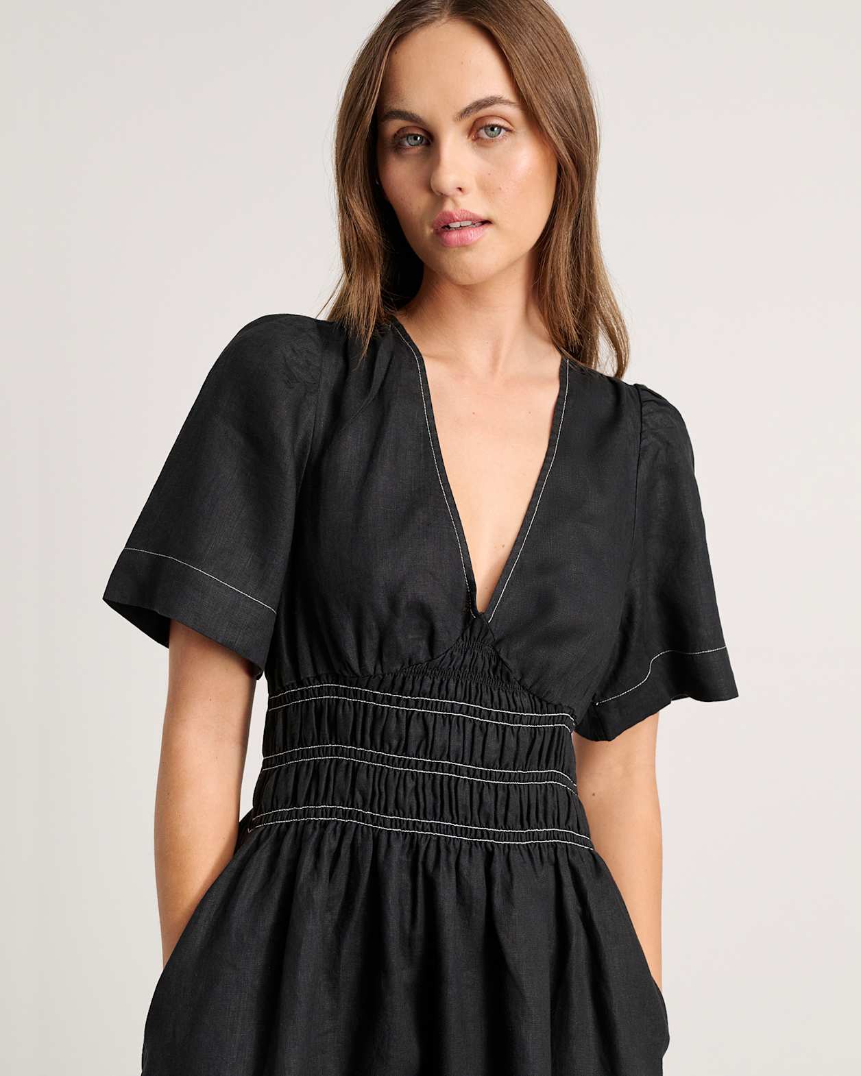 Siena Linen V Neck Mini Dress in BLACK