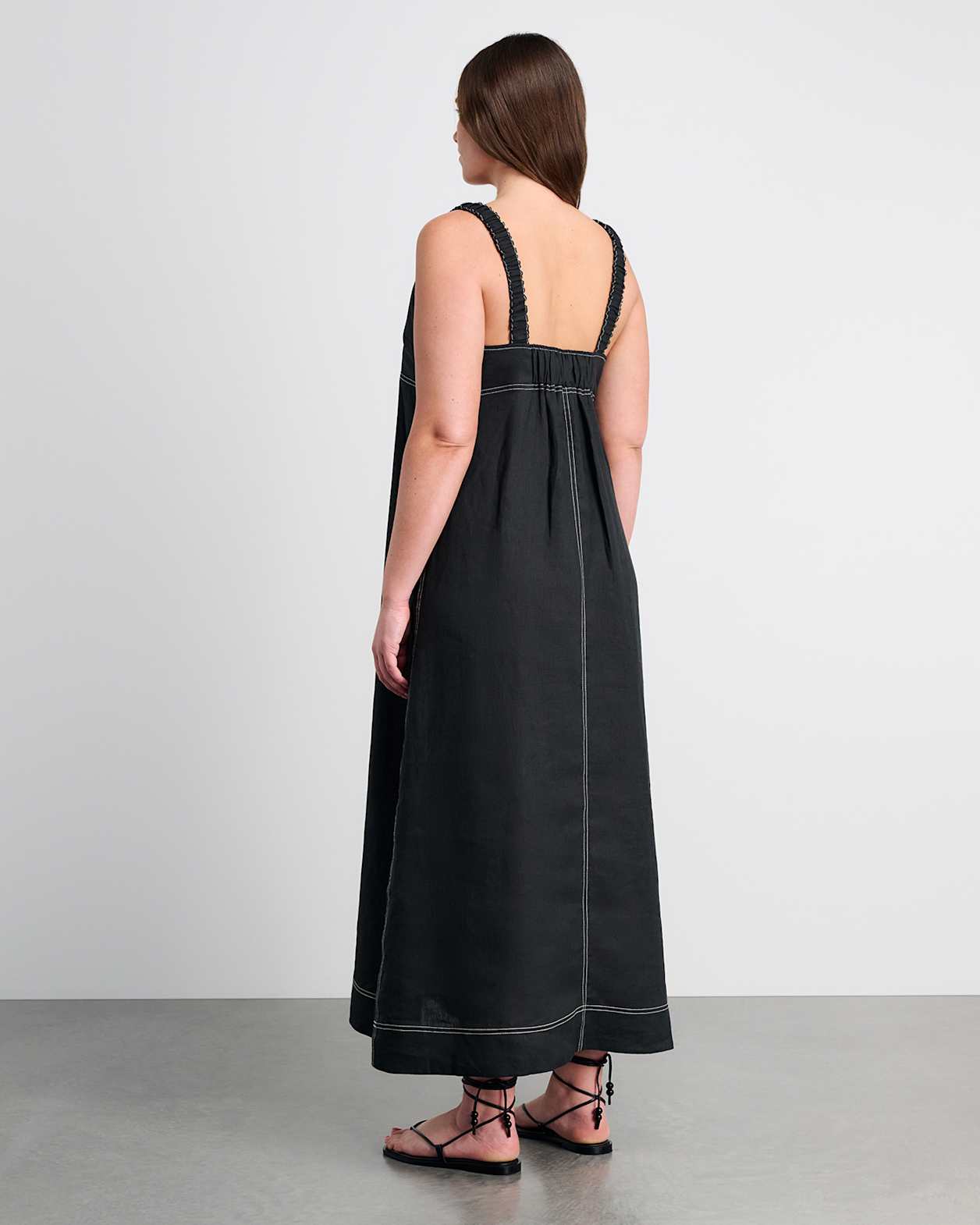 Sara Linen Midi Dress in BLACK
