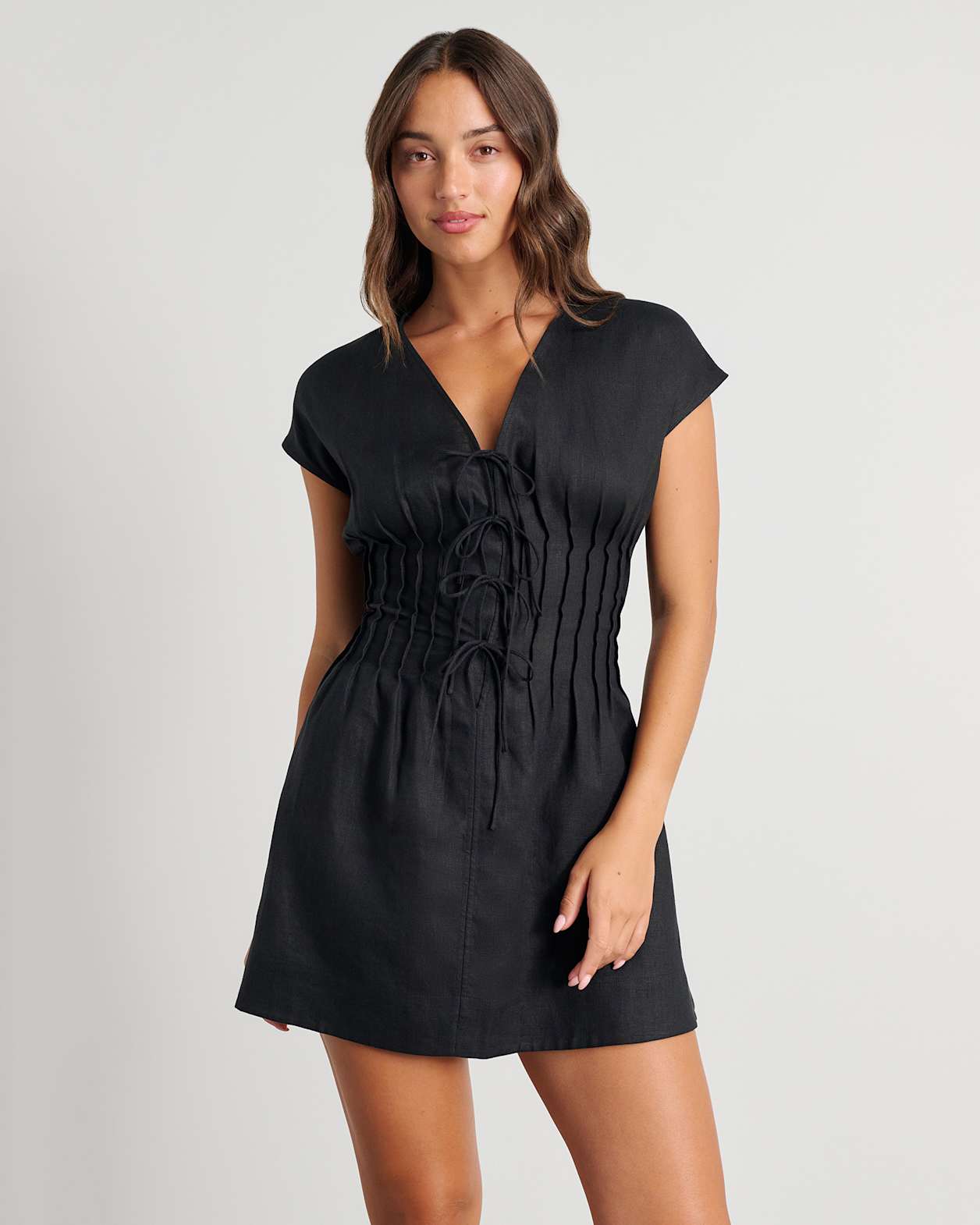Delphine Pintuck Linen Mini Dress in BLACK