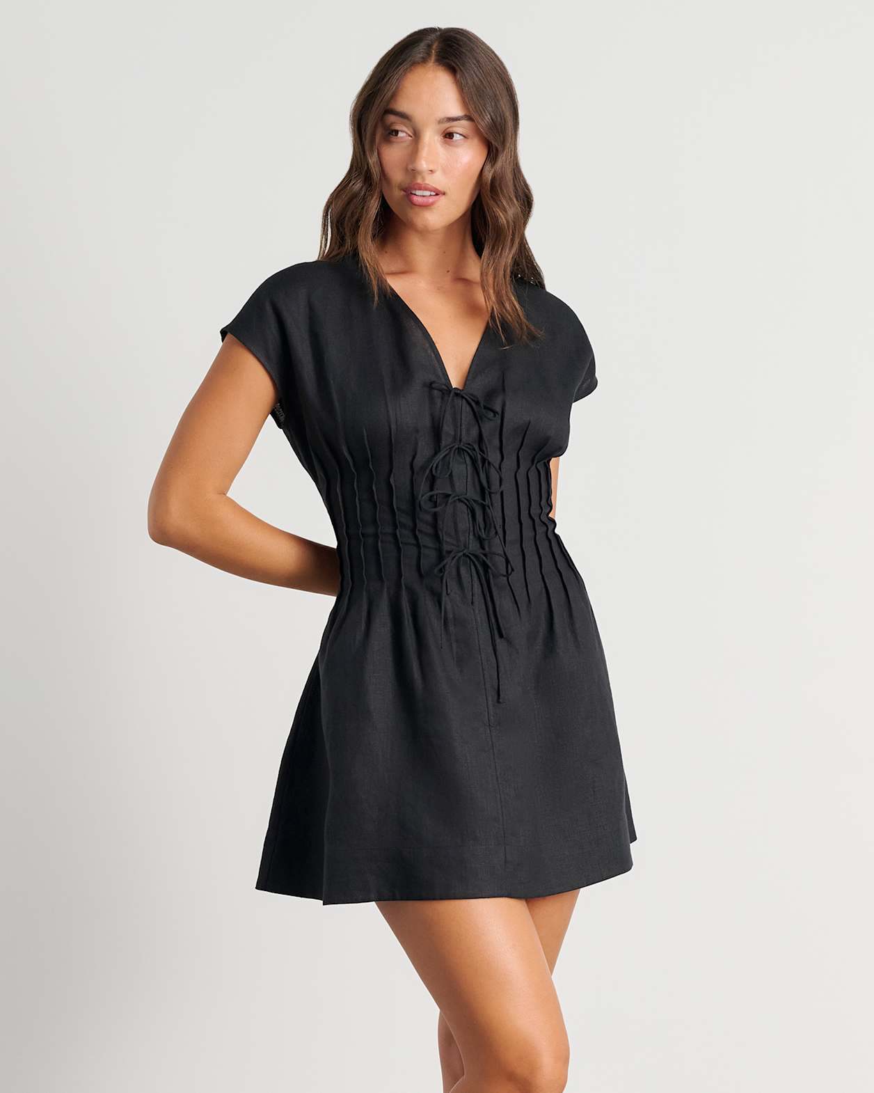 Delphine Pintuck Linen Mini Dress in BLACK