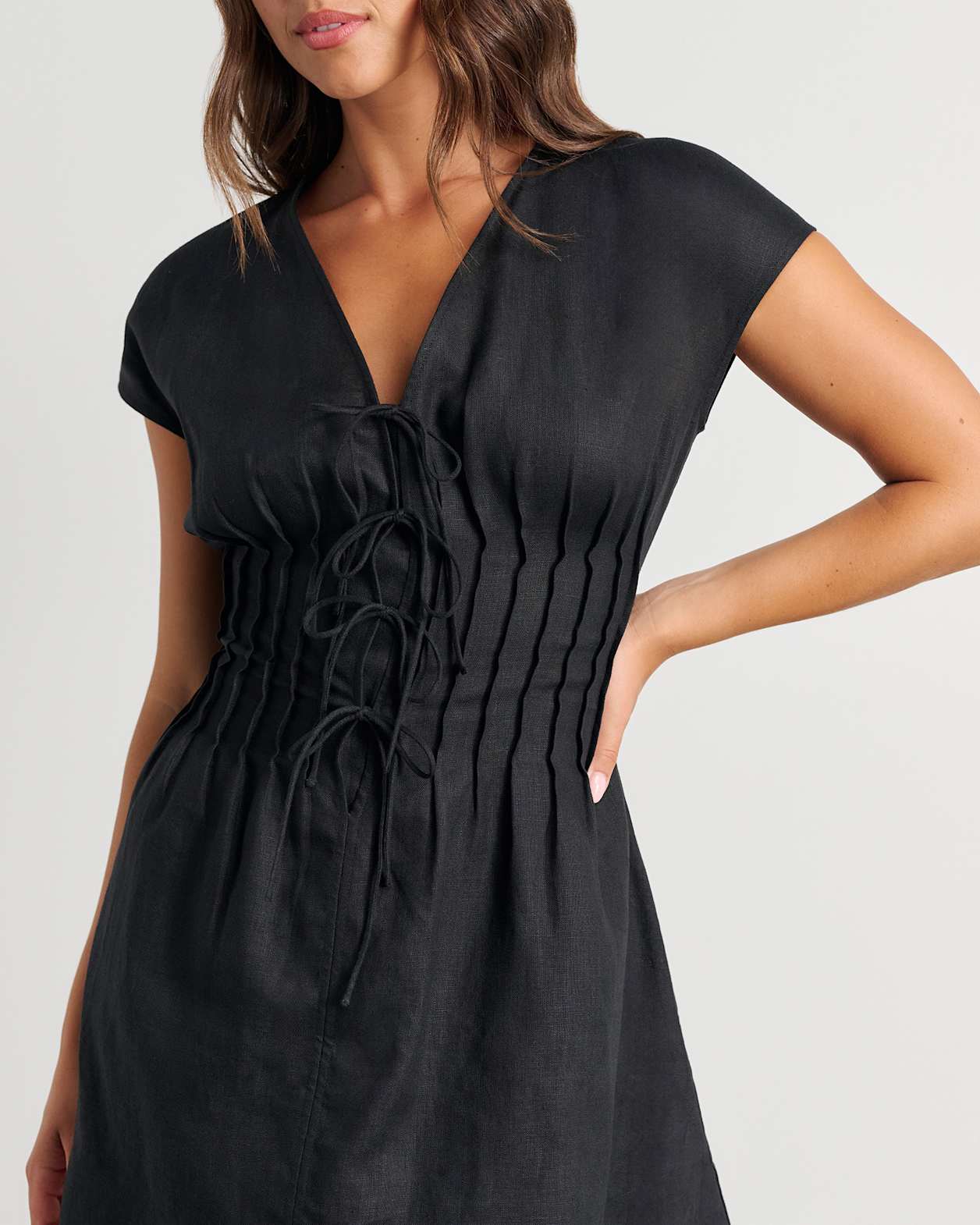 Delphine Pintuck Linen Mini Dress in BLACK