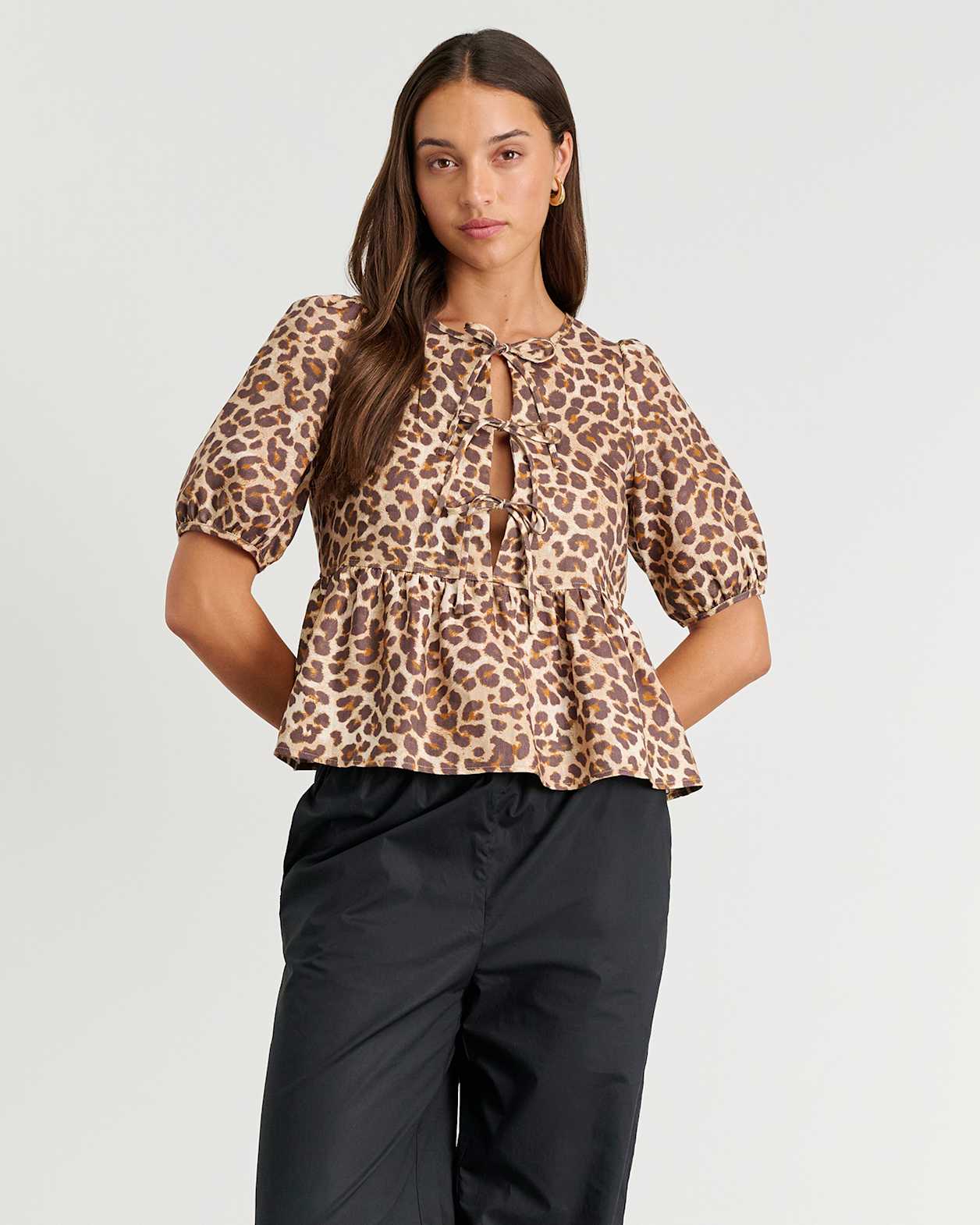 Leopard Linen Tie Blouse in LEOPARD