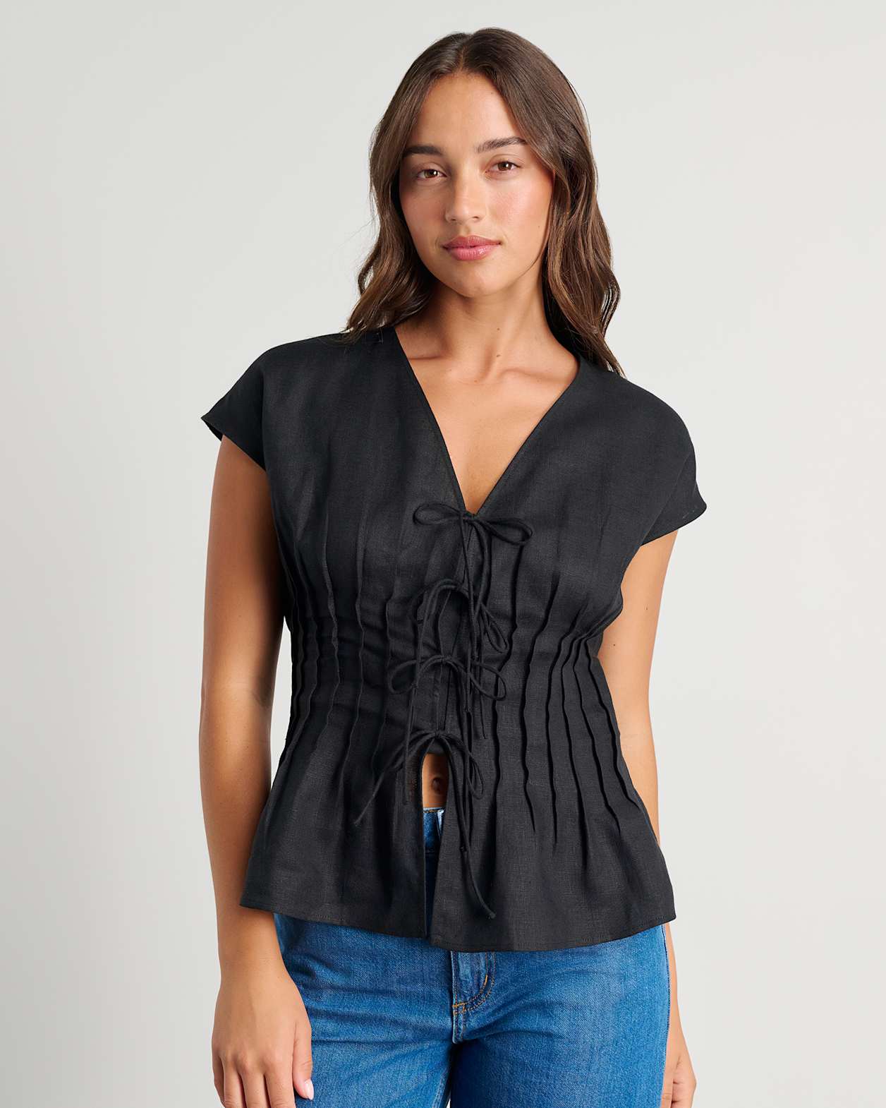 Delphine Pintuck Linen Blouse in BLACK