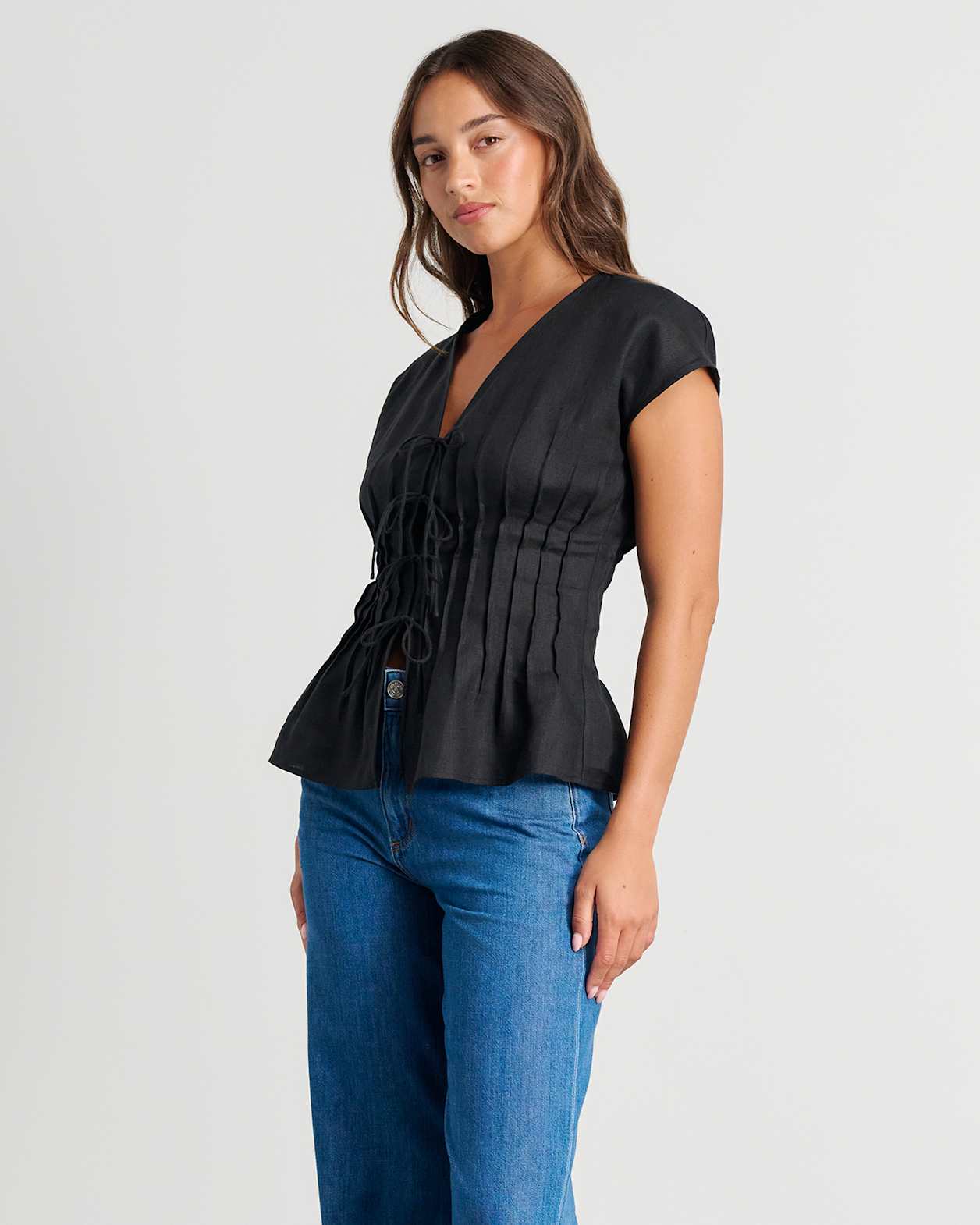 Delphine Pintuck Linen Blouse in BLACK