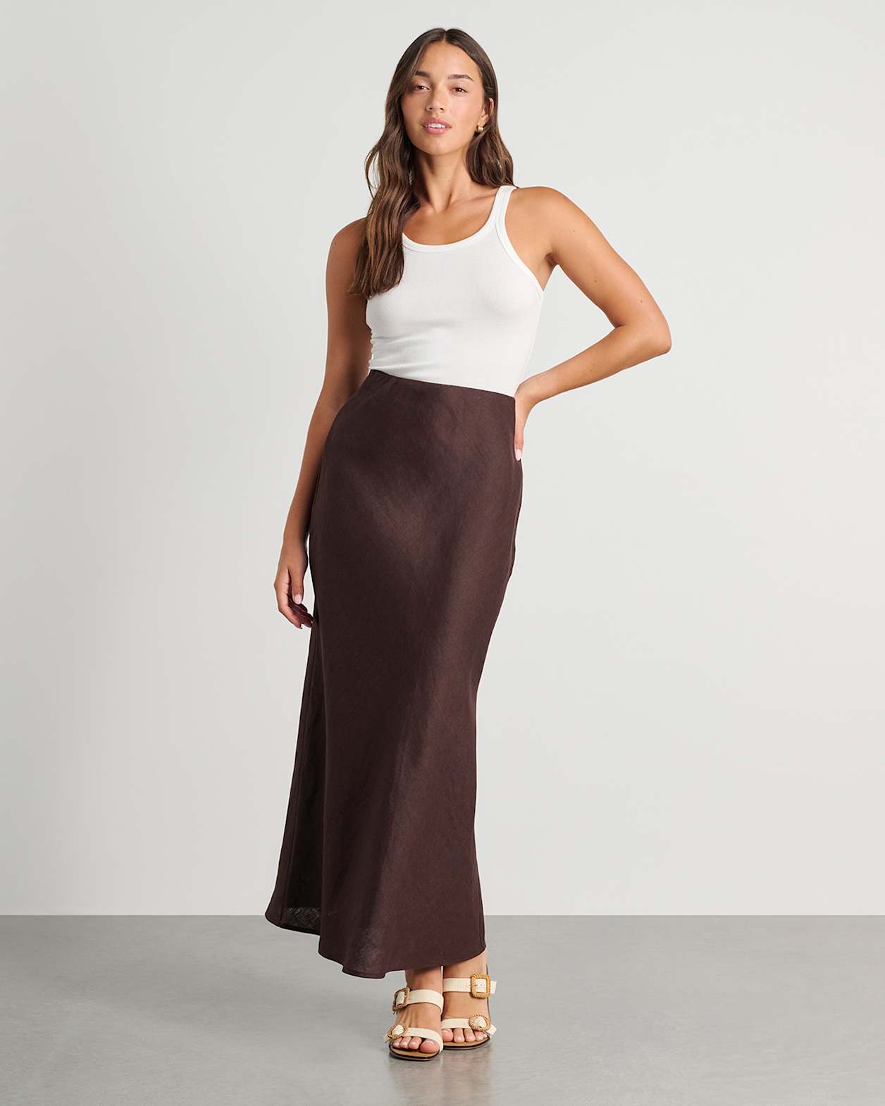 Tia Bias Linen Skirt in DARK CHOCOLATE