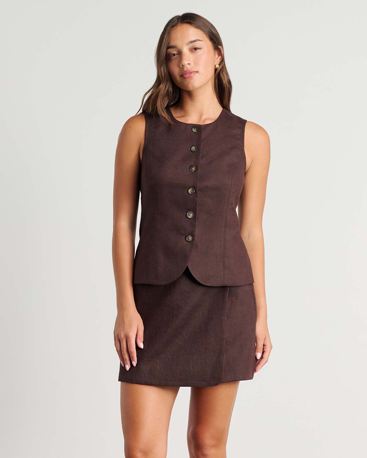 Kayla Round Neck Linen Vest in DARK CHOCOLATE