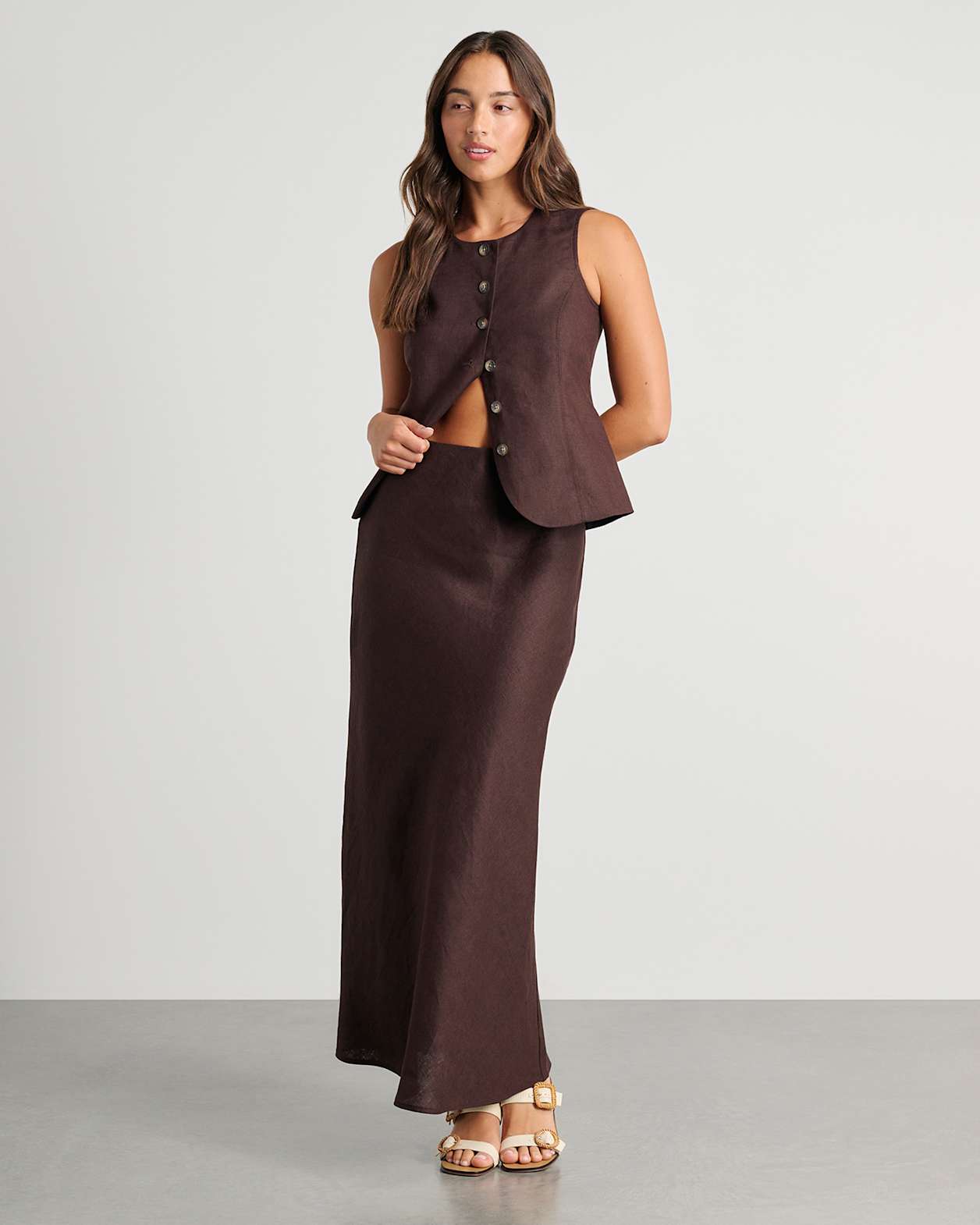 Kayla Round Neck Linen Vest in DARK CHOCOLATE