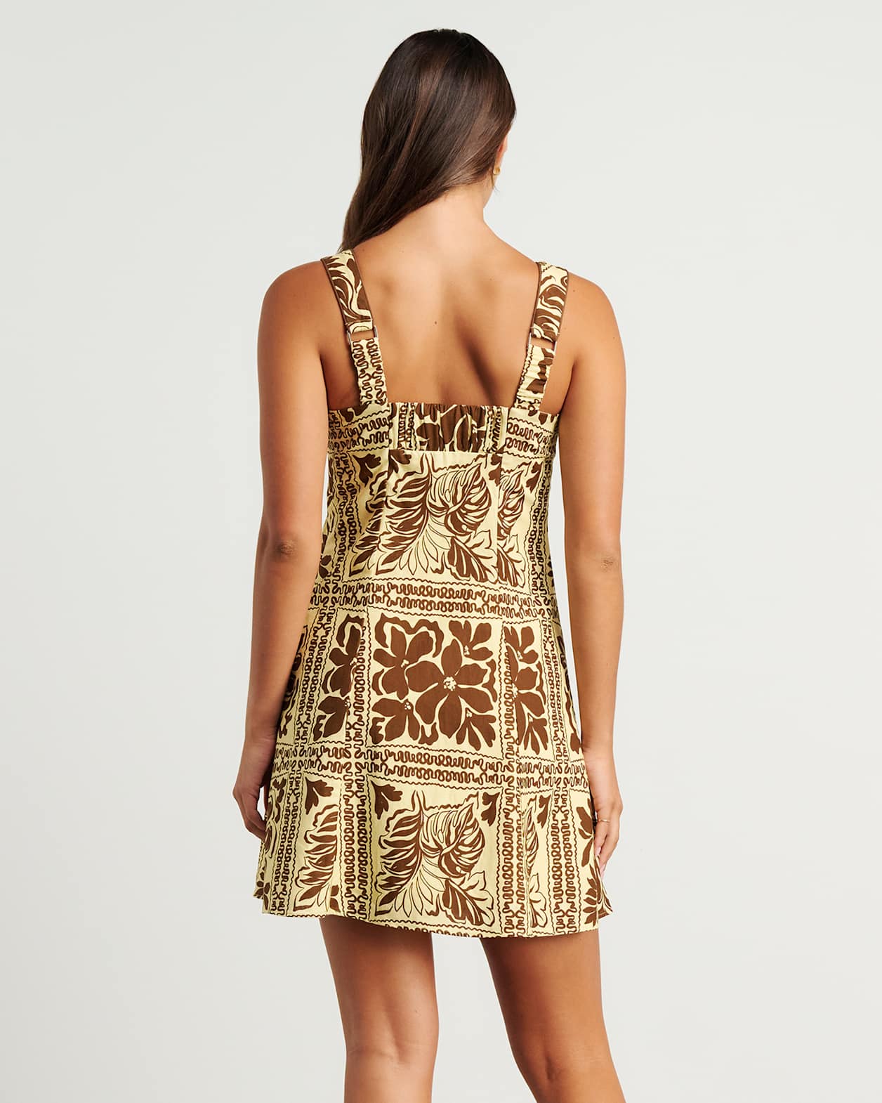 Botanica Linen Mini Dress in BROWN/GOLD