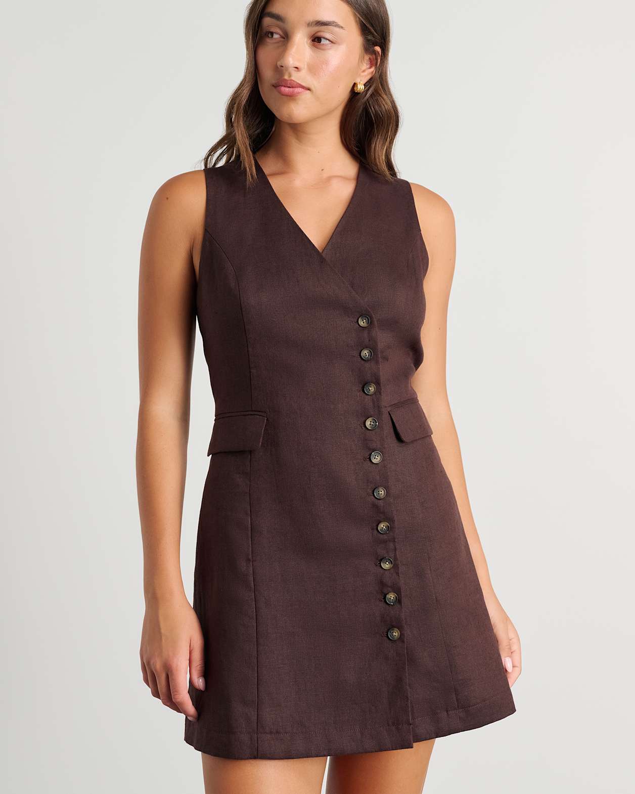 Kayla Asym Linen Vest Dress in DARK CHOCOLATE