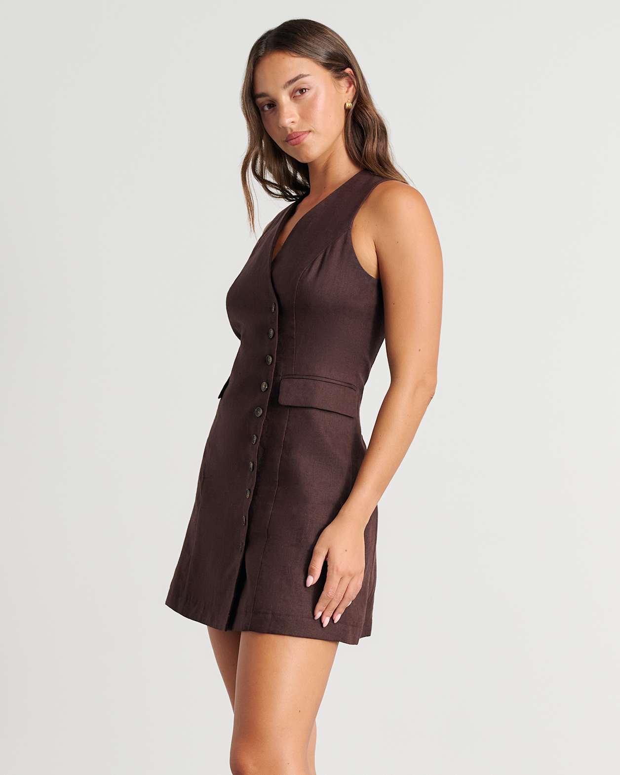 Kayla Asym Linen Vest Dress in DARK CHOCOLATE