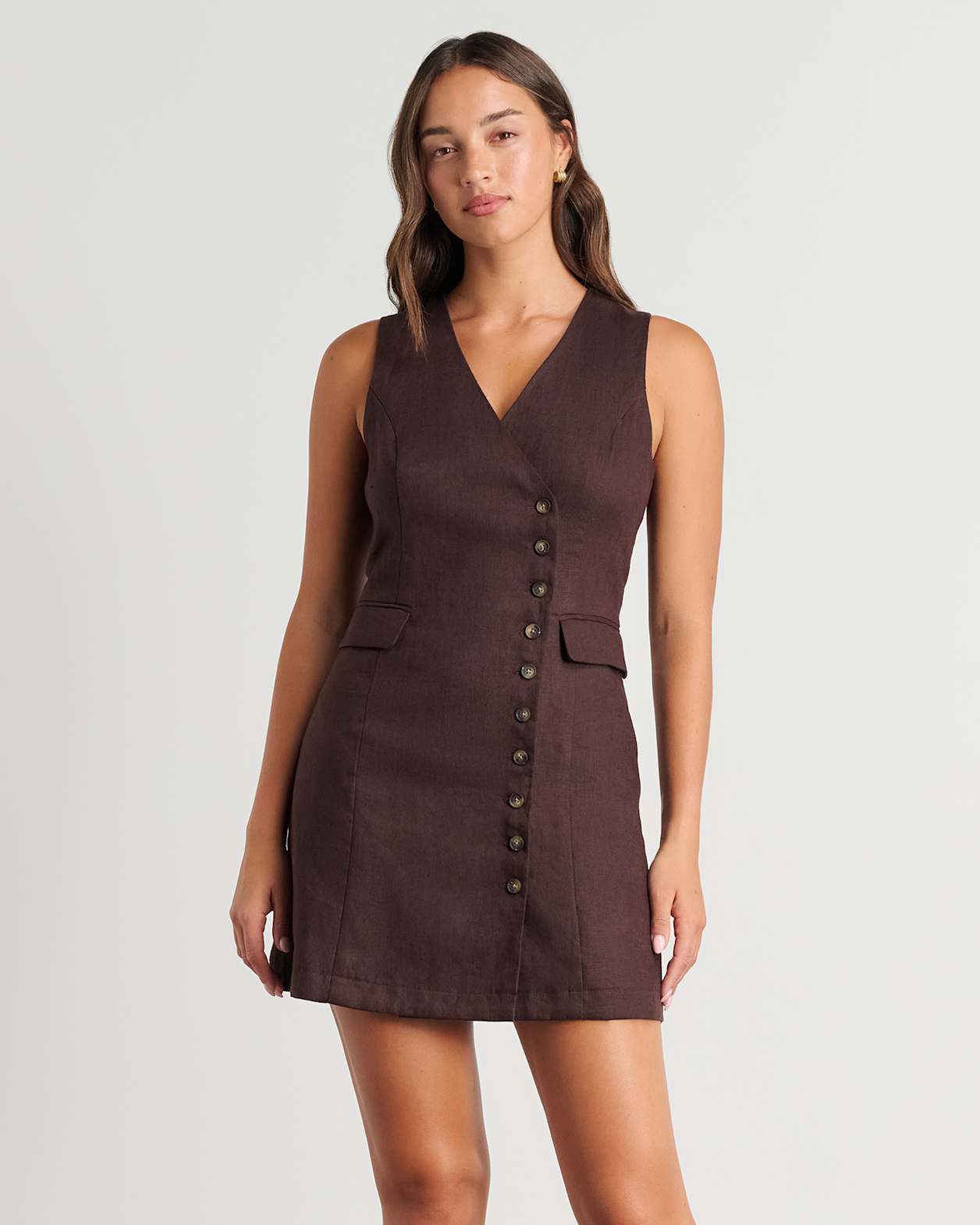 Kayla Asym Linen Vest Dress in DARK CHOCOLATE