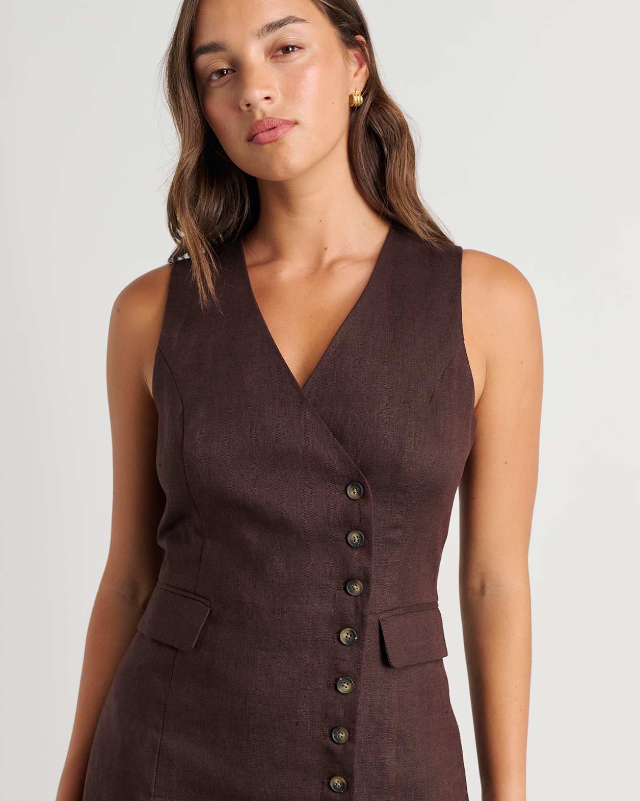 Kayla Asym Linen Vest Dress in DARK CHOCOLATE