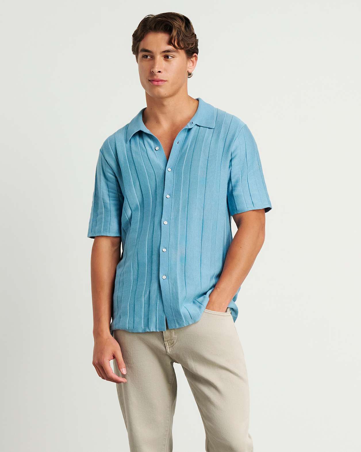 Spencer Button Thru Knit Shirt in SKY BLUE