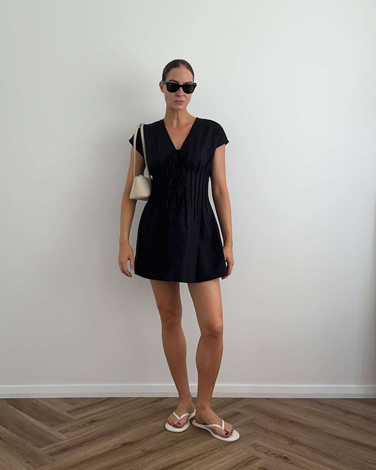 Delphine Pintuck Linen Mini Dress in BLACK
