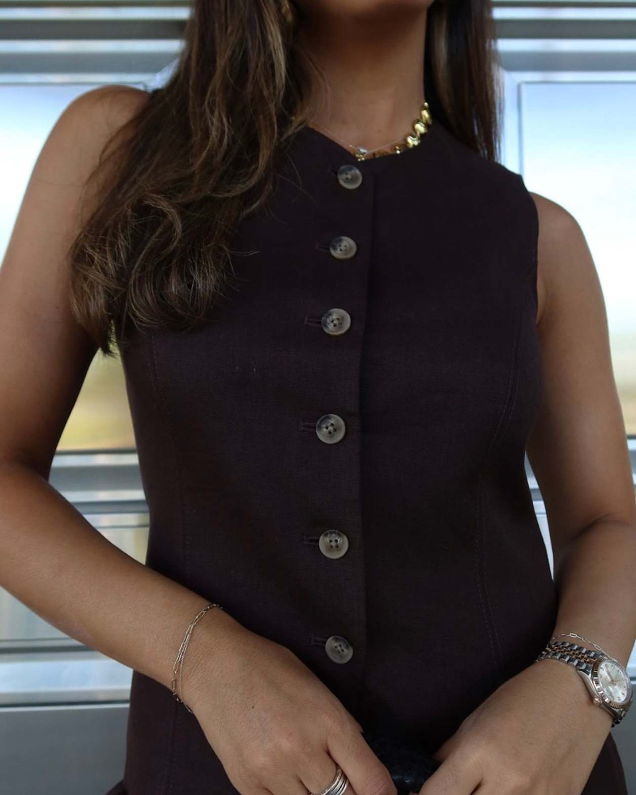 Kayla Round Neck Linen Vest in DARK CHOCOLATE