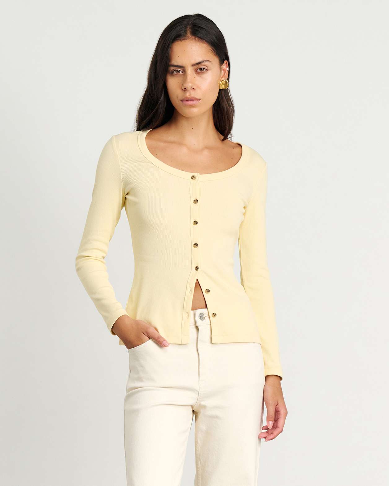 Hallie Rib Long Sleeve Top in PALE SUN