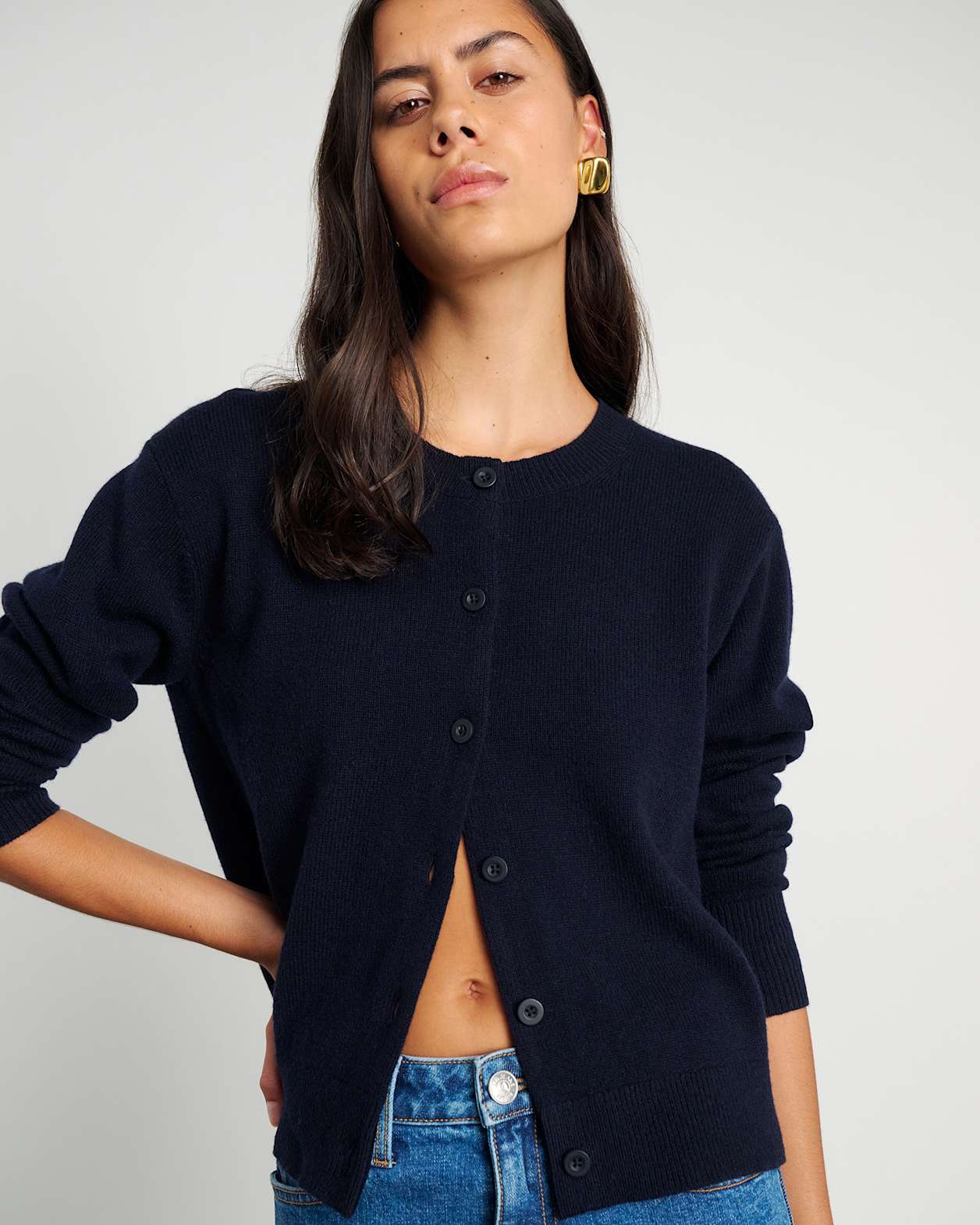 Long Sleeve Wool Cardigan in NAVY