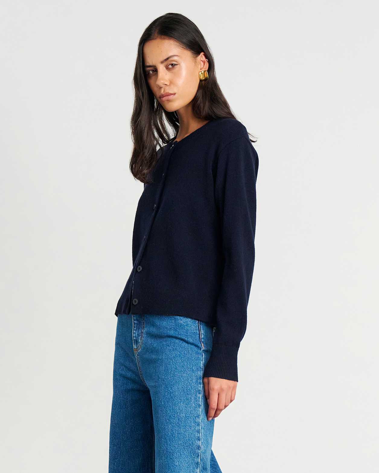 Long Sleeve Wool Cardigan in NAVY