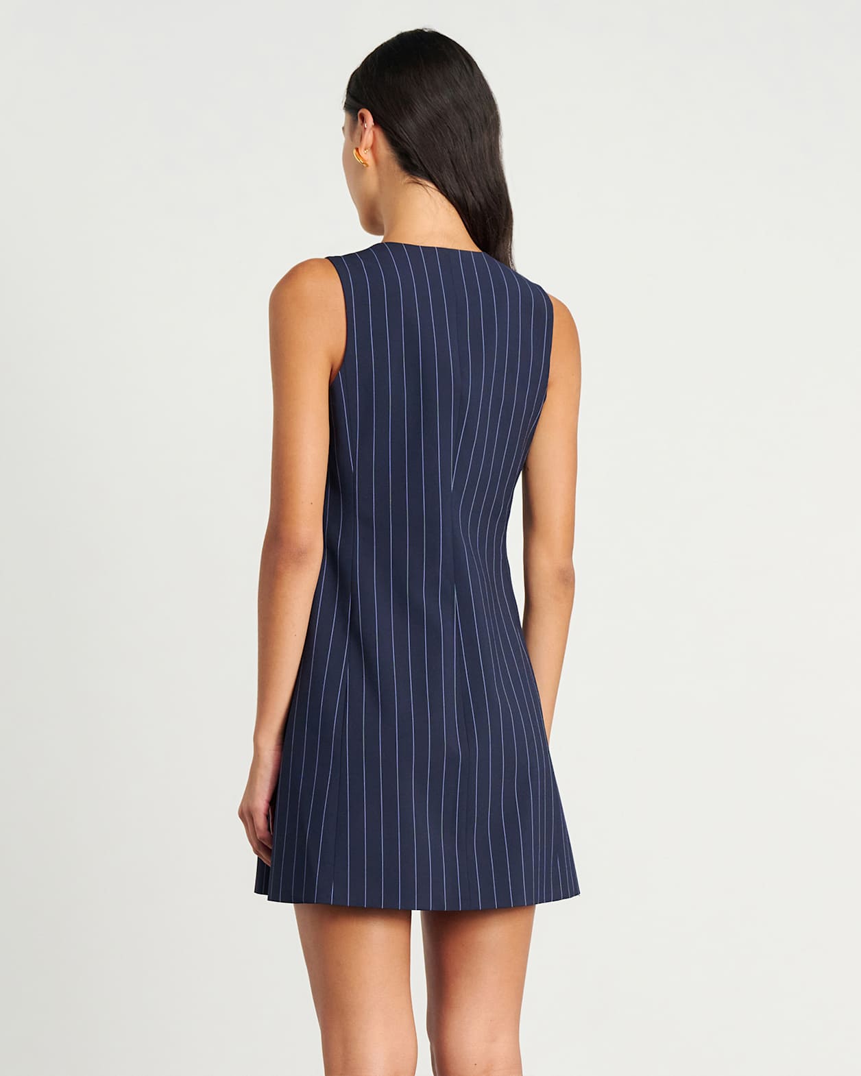 Gia Pinstripe Asymmetric Dress in NAVY/WHITE