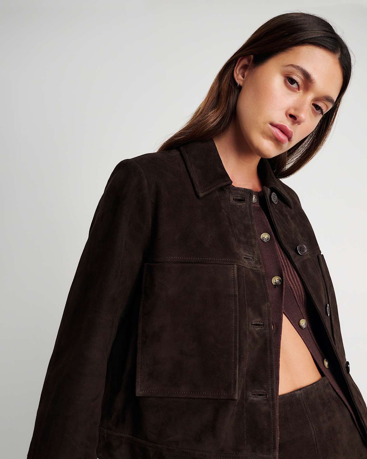 Ophelia Suede Crop Shacket in DARK CHOCOLATE