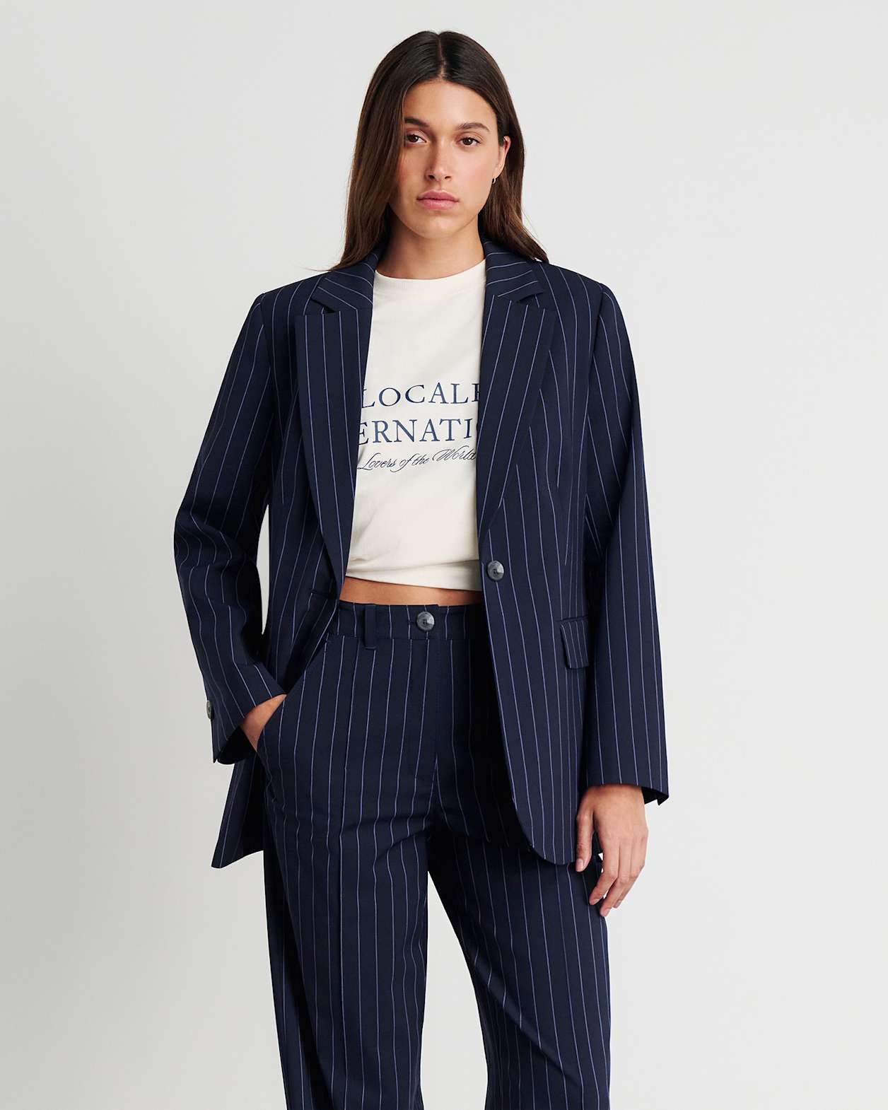 Gia Relaxed Pinstripe Blazer in NAVY/WHITE