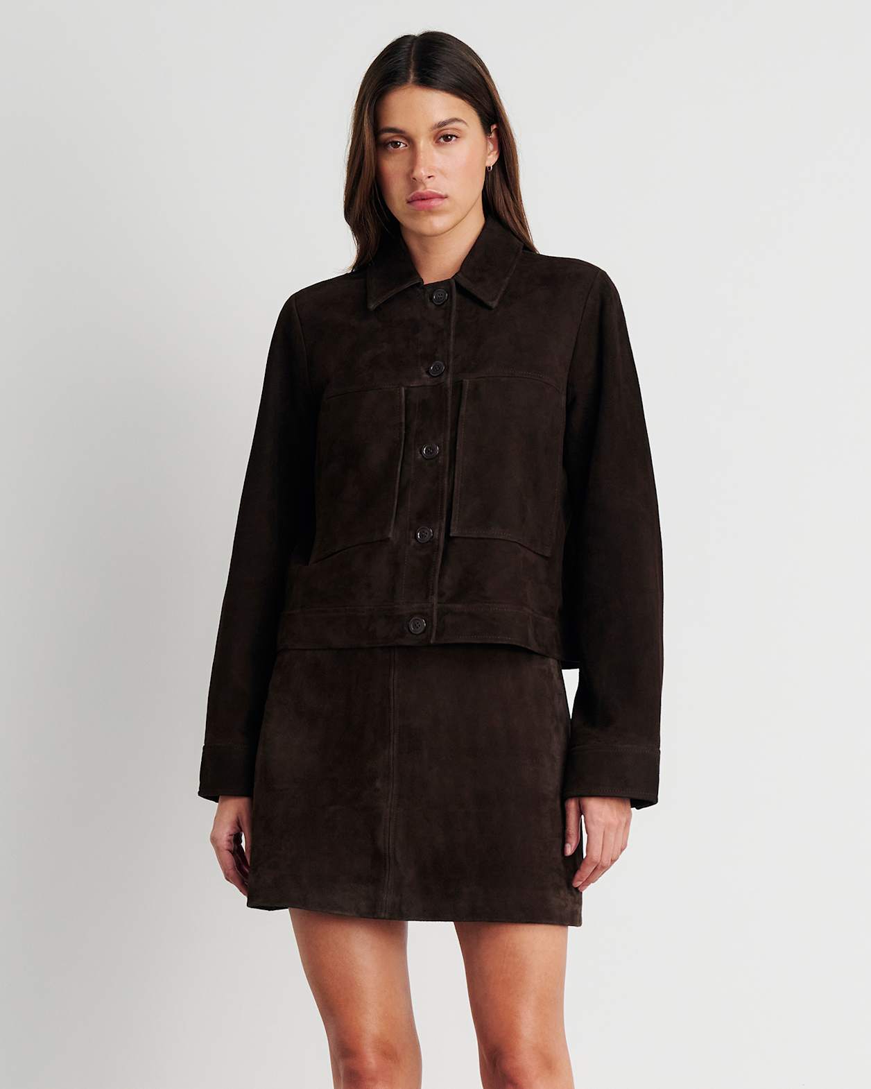 Ophelia Suede Crop Shacket in DARK CHOCOLATE