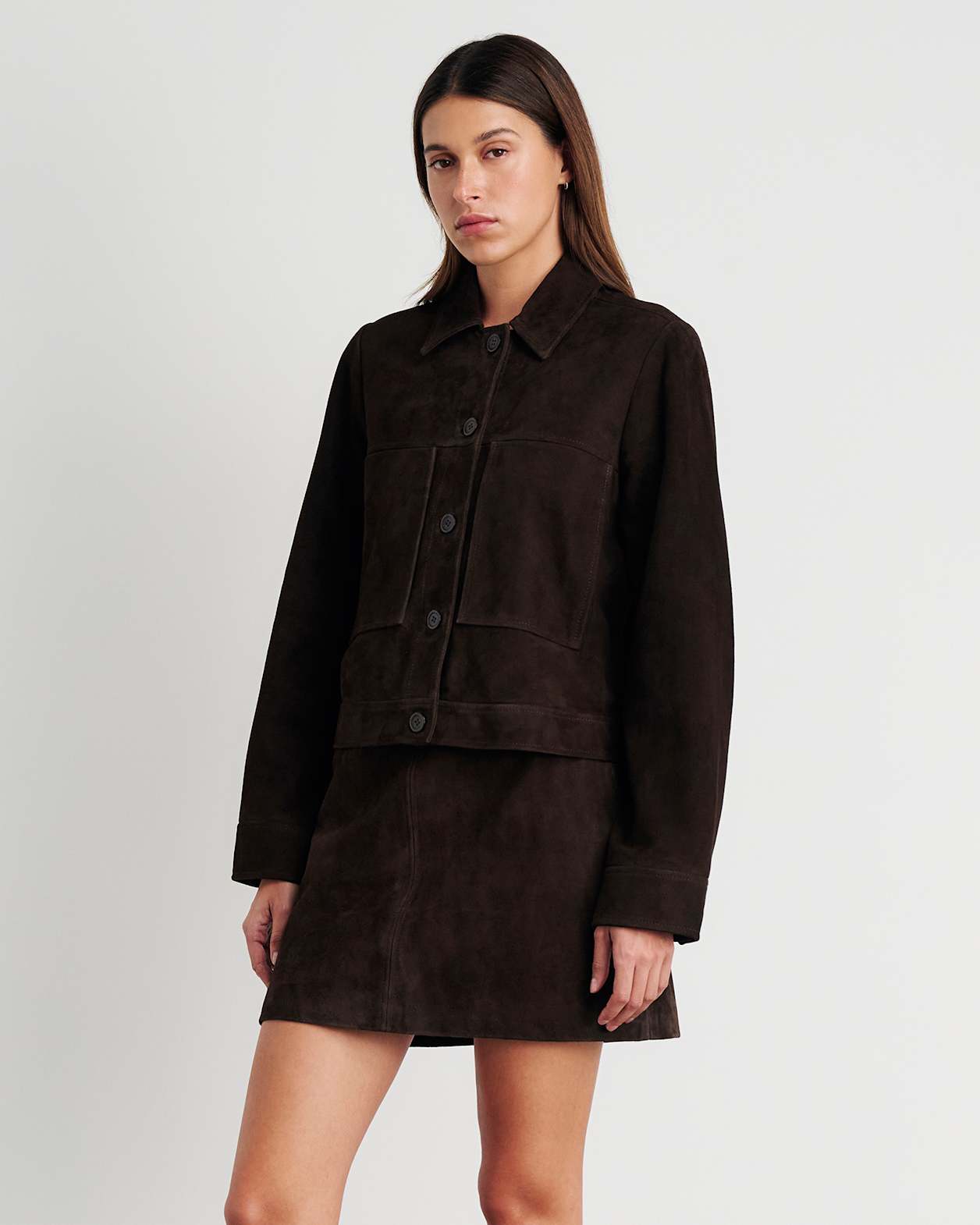 Ophelia Suede Crop Shacket in DARK CHOCOLATE