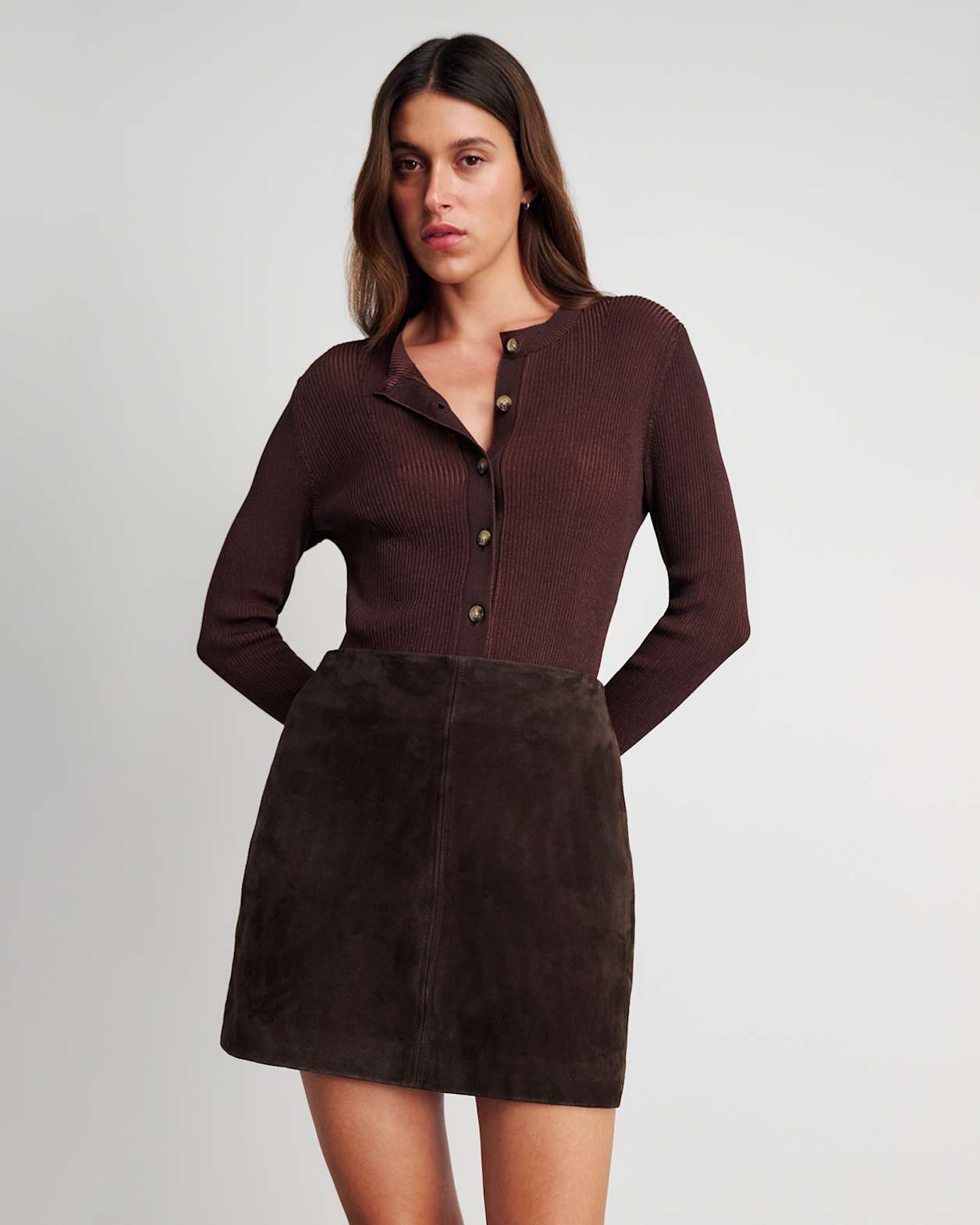 Ophelia Suede Mini Skirt in DARK CHOCOLATE