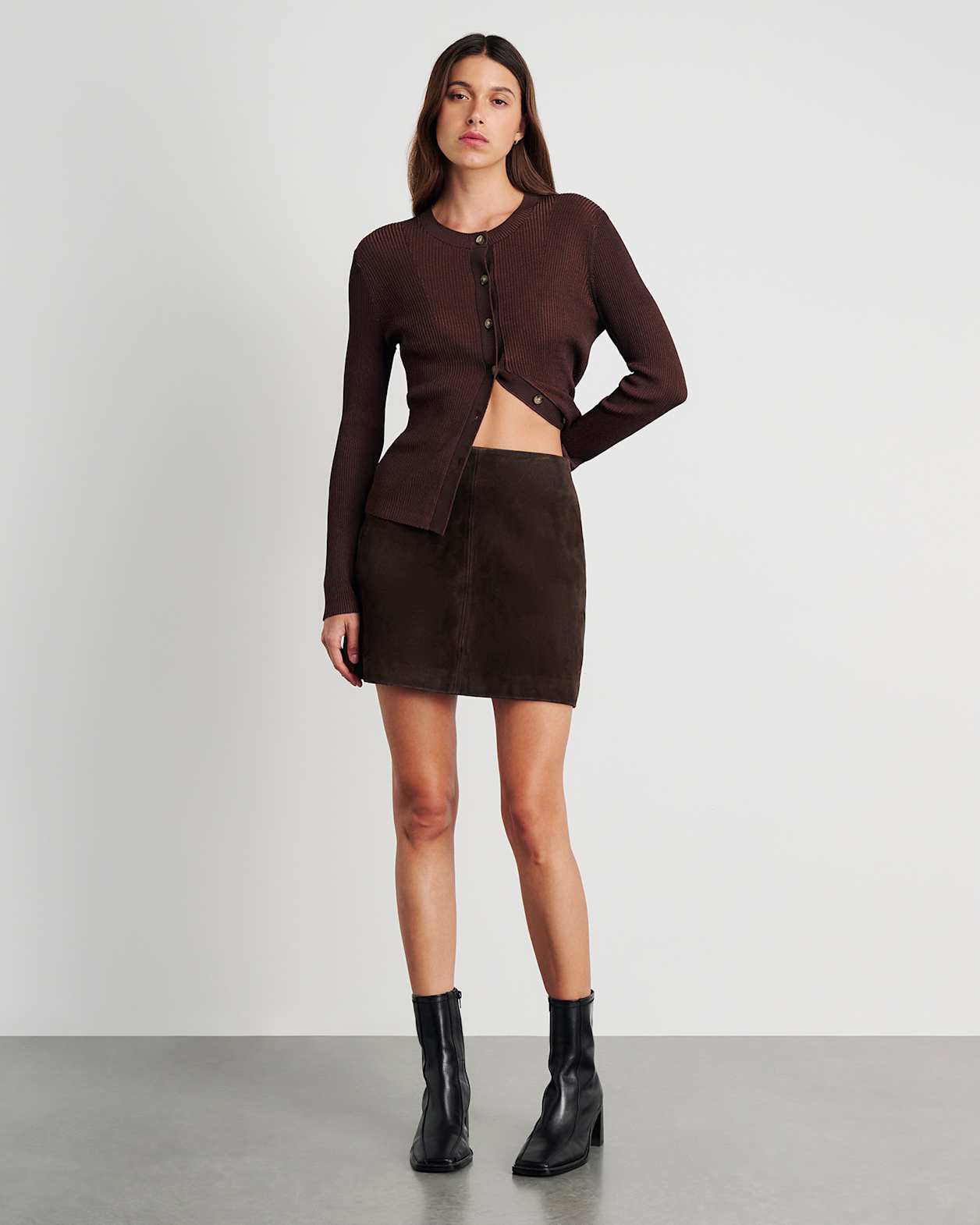 Ophelia Suede Mini Skirt in DARK CHOCOLATE