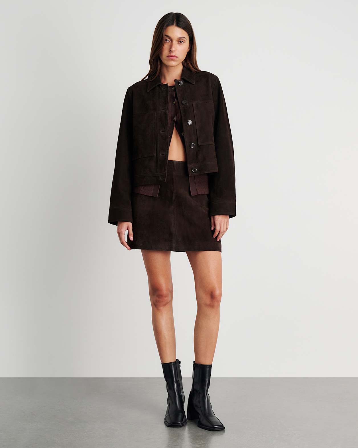 Ophelia Suede Crop Shacket in DARK CHOCOLATE