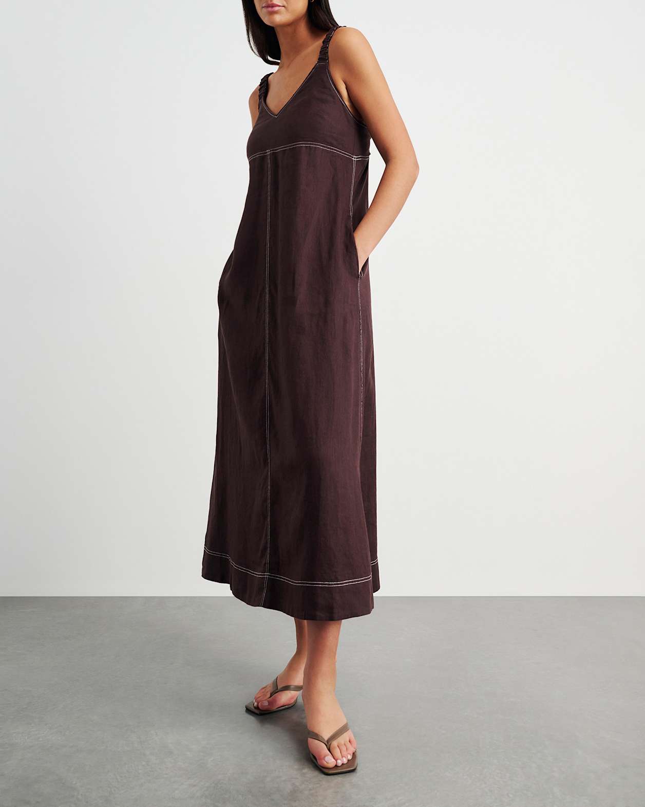 Sara Linen Midi Dress in DARK CHOCOLATE