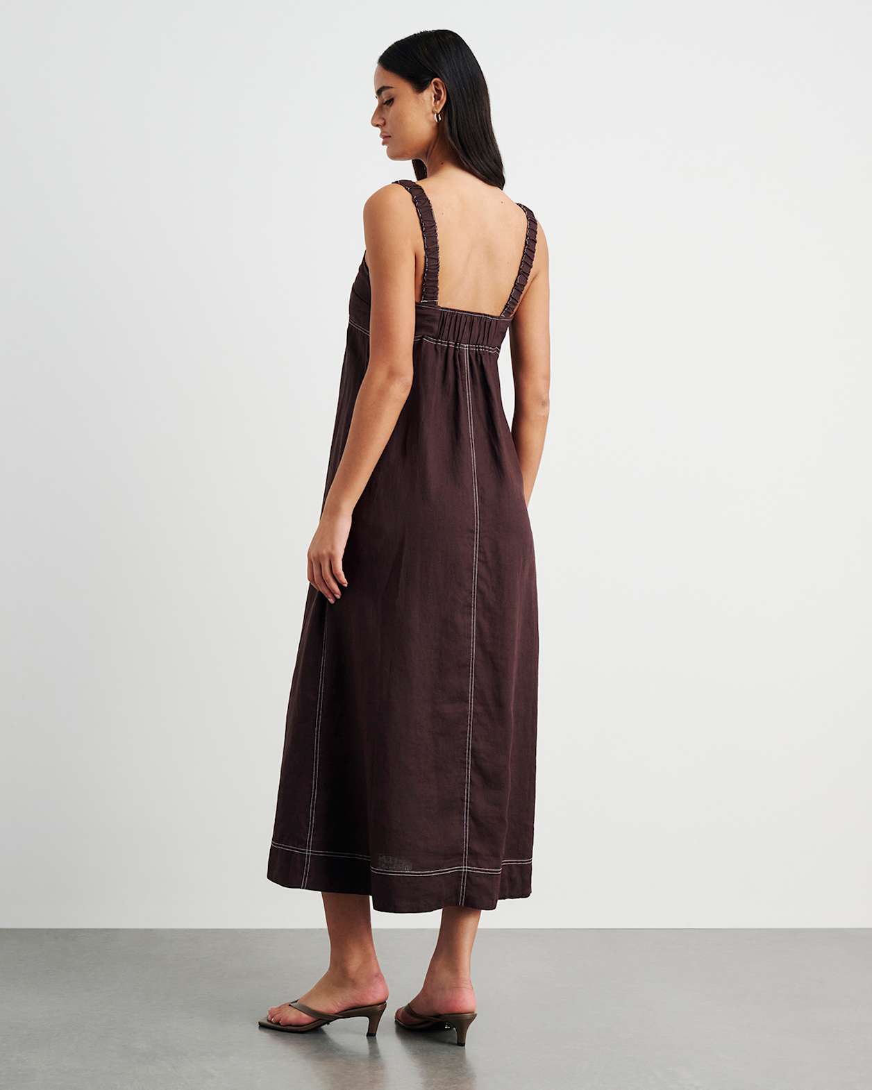 Sara Linen Midi Dress in DARK CHOCOLATE