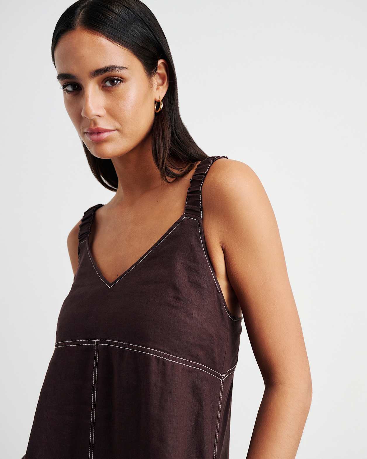 Sara Linen Midi Dress in DARK CHOCOLATE