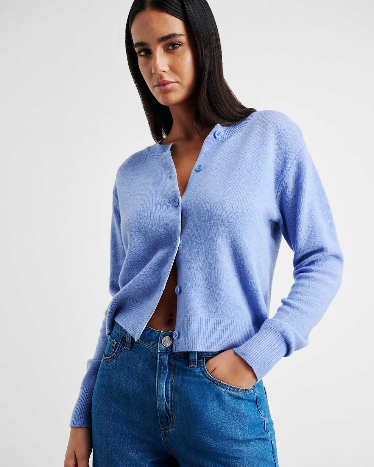 Long Sleeve Wool Cardigan in CORNFLOWER