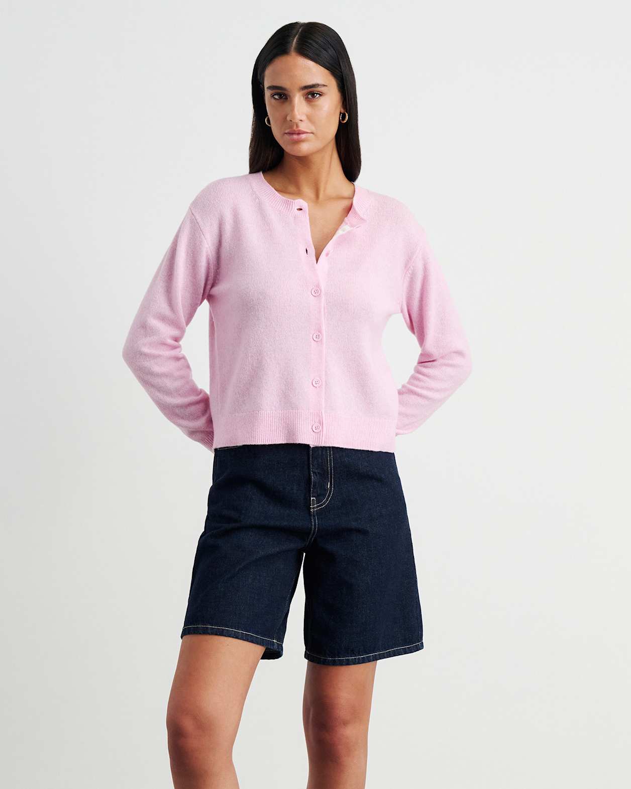 Long Sleeve Wool Cardigan in PINK FROST