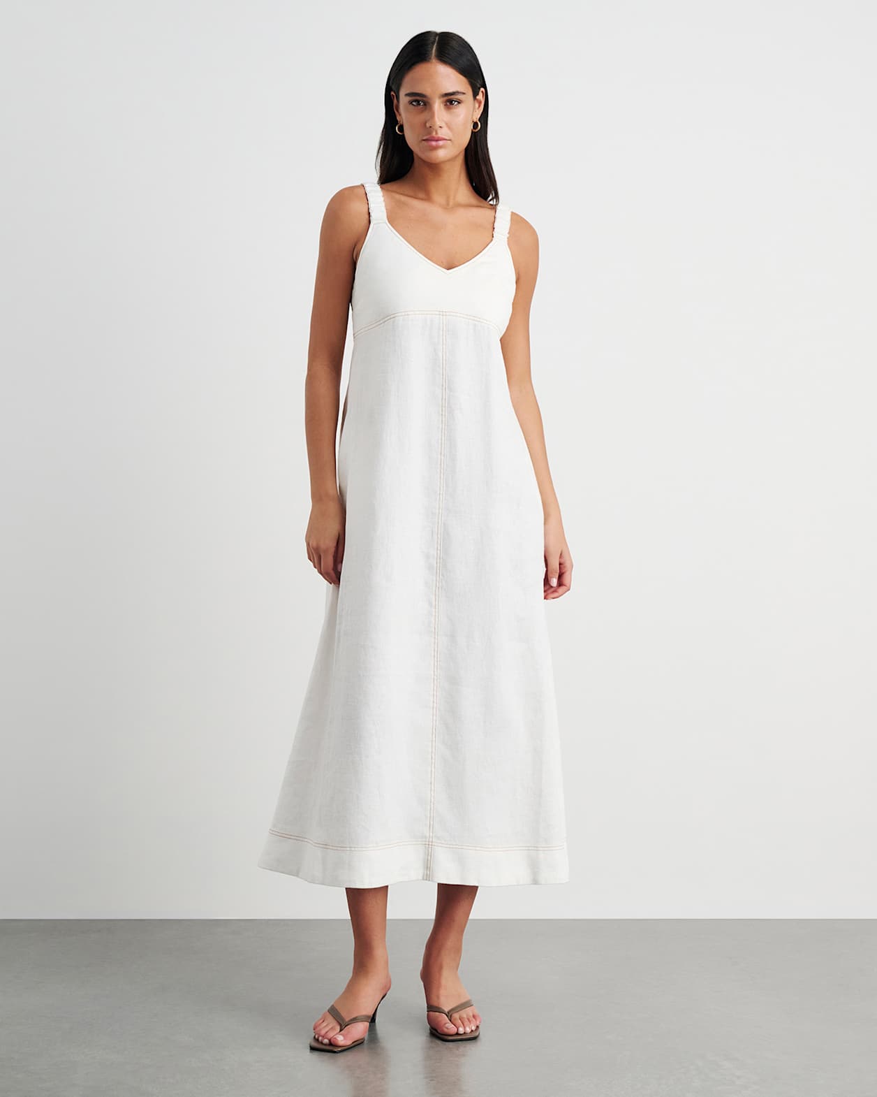 Sara Linen Midi Dress in WHITE