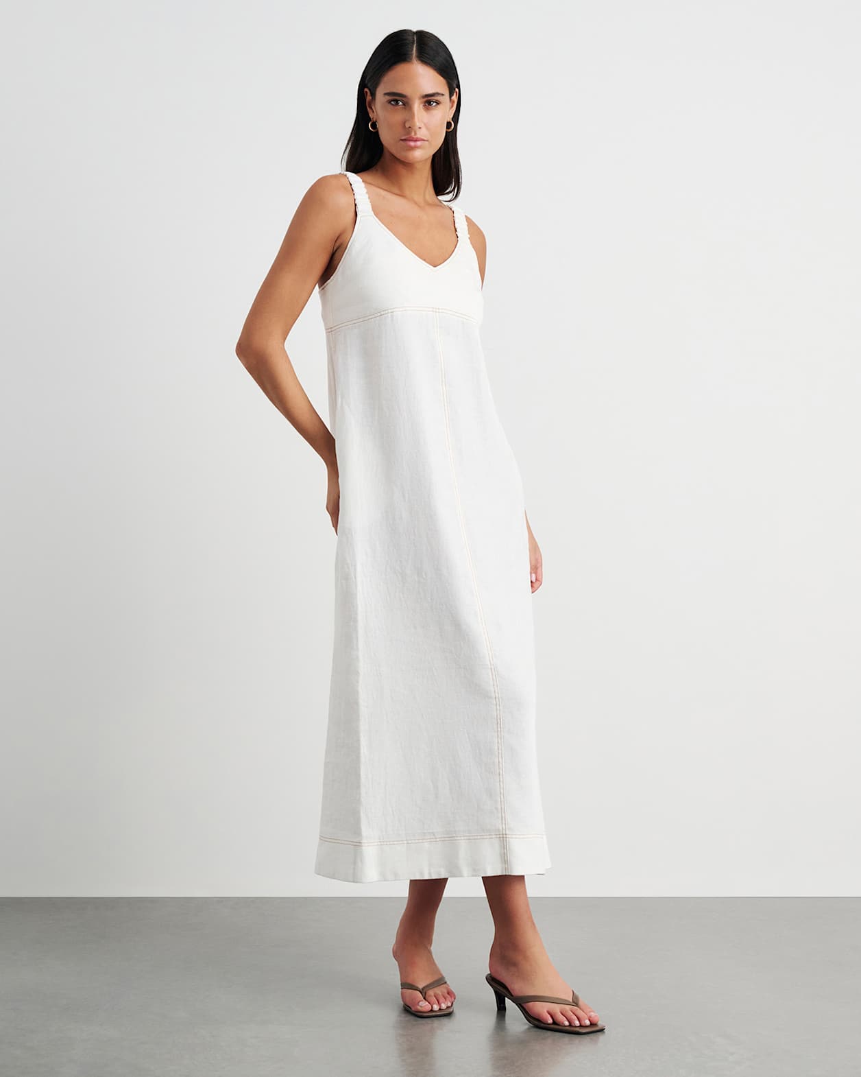 Sara Linen Midi Dress in WHITE