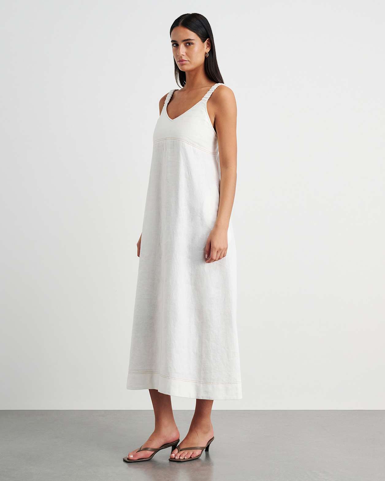 Sara Linen Midi Dress in WHITE