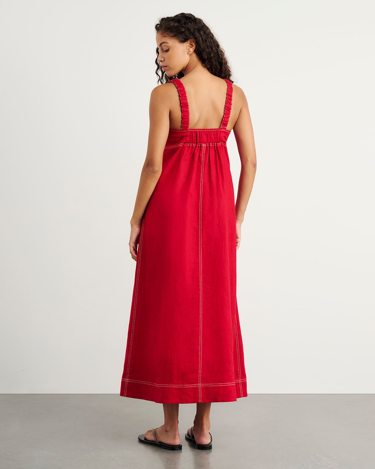 Sara Linen Midi Dress in DEEP RED