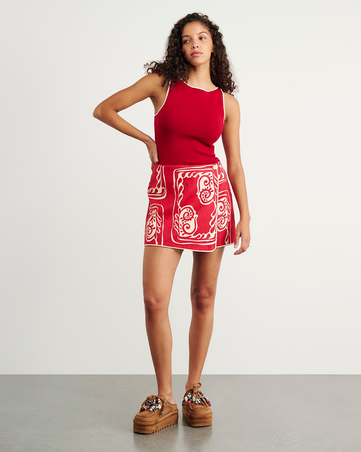 Ceezee Linen Wrap Mini Skirt in RED MULTI
