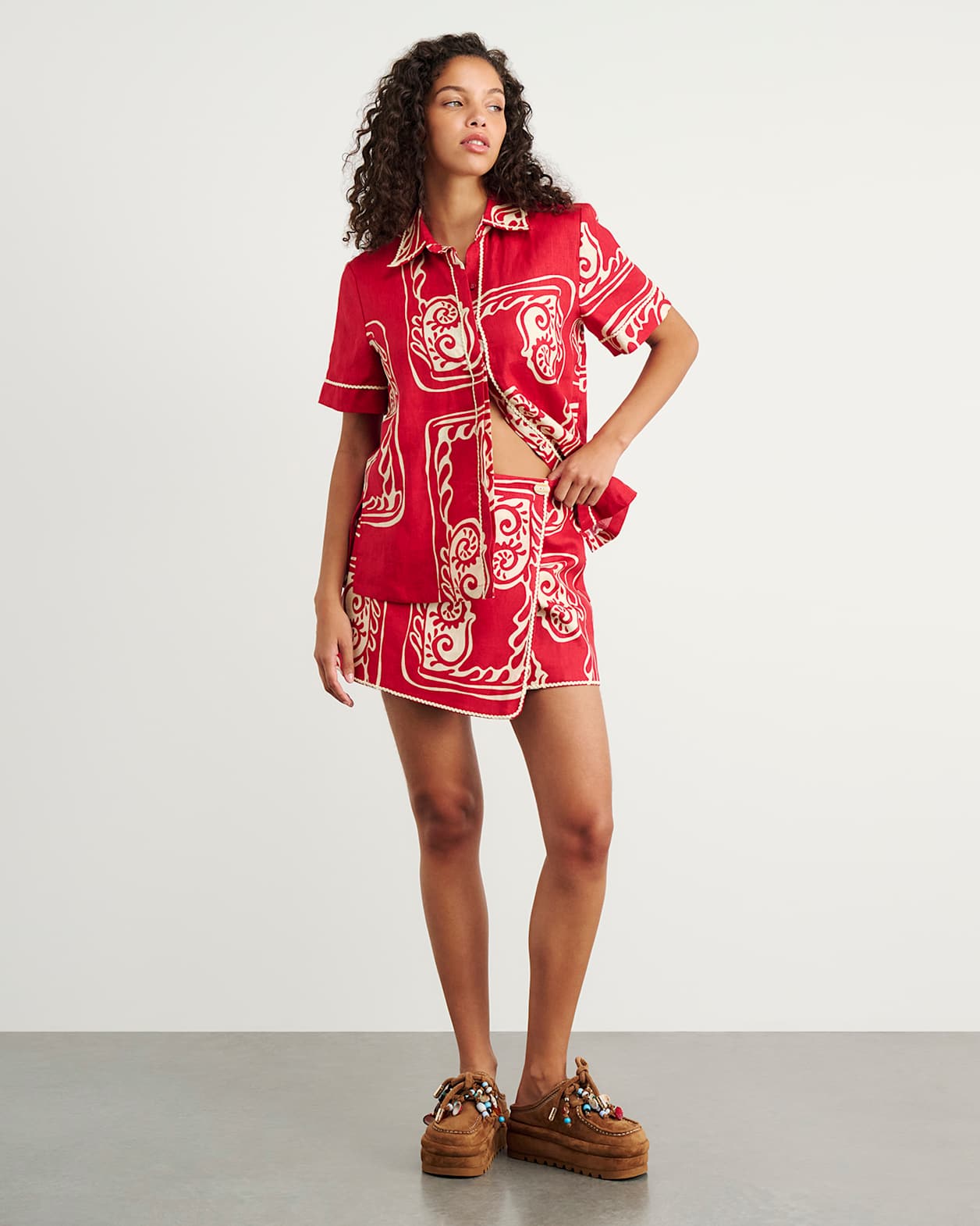 Ceezee Linen Wrap Mini Skirt in RED MULTI