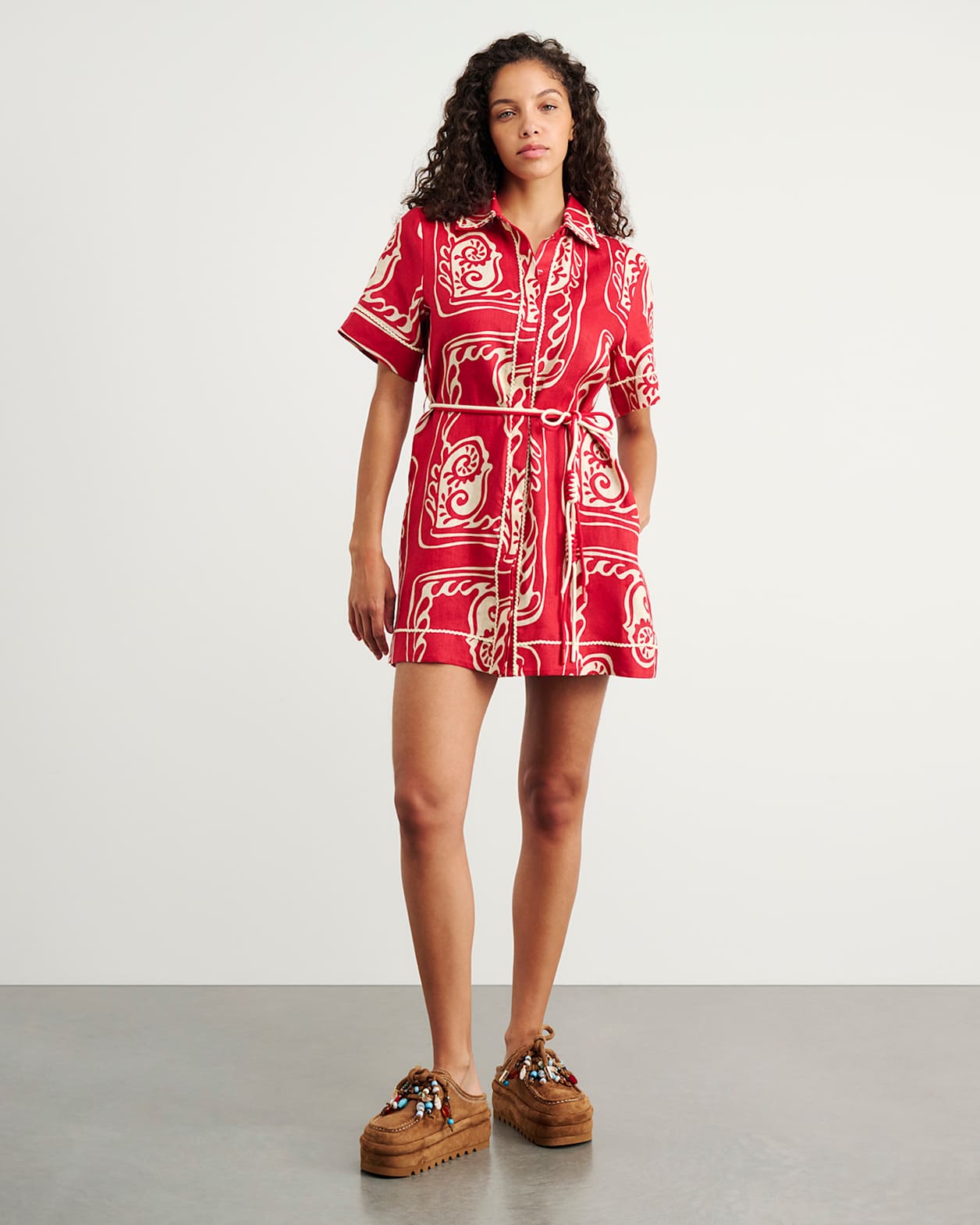 Ceezee Linen Shirt Dress in RED MULTI