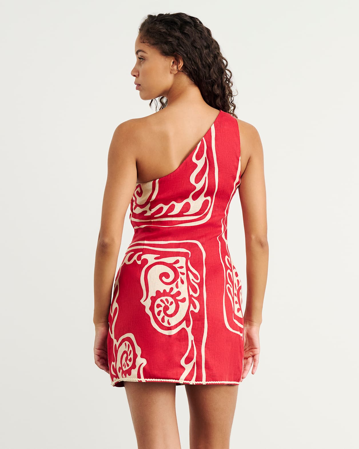 Ceezee Asymmetric Linen Mini Dress in RED MULTI