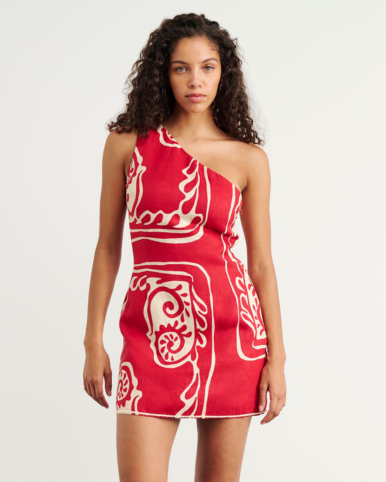 Ceezee Asymmetric Linen Mini Dress in RED MULTI