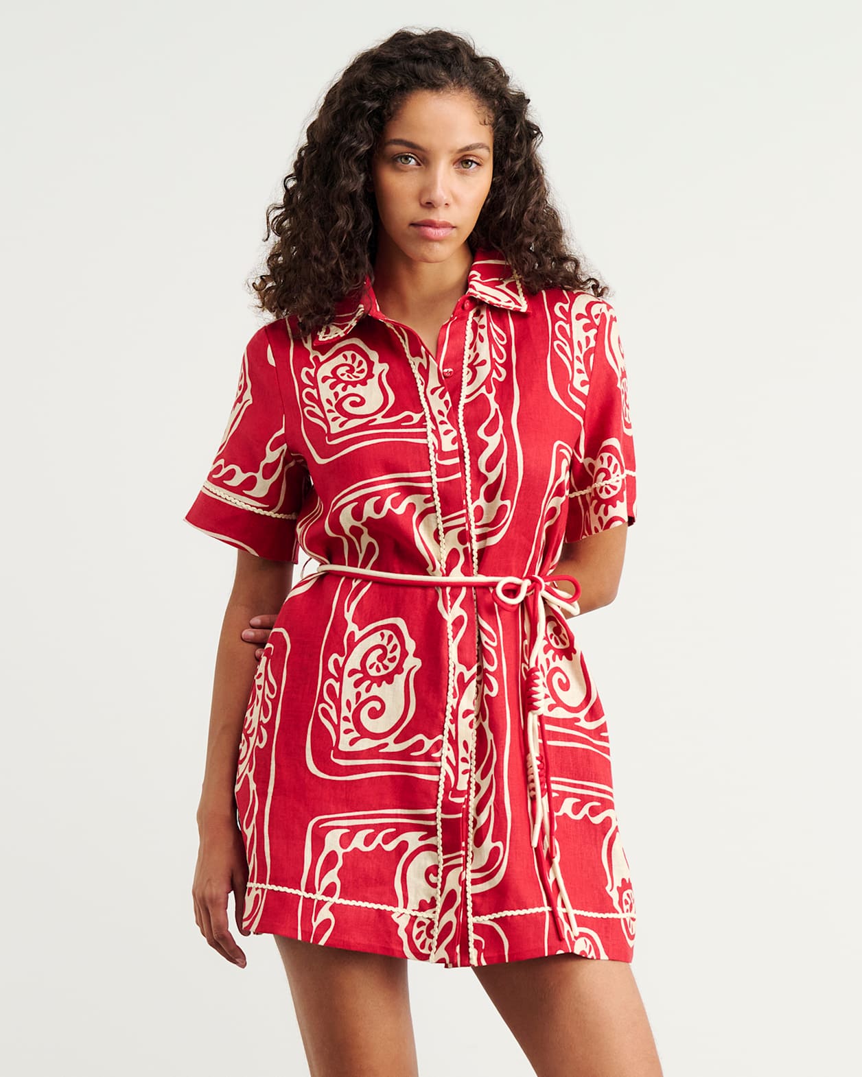 Ceezee Linen Shirt Dress in RED MULTI