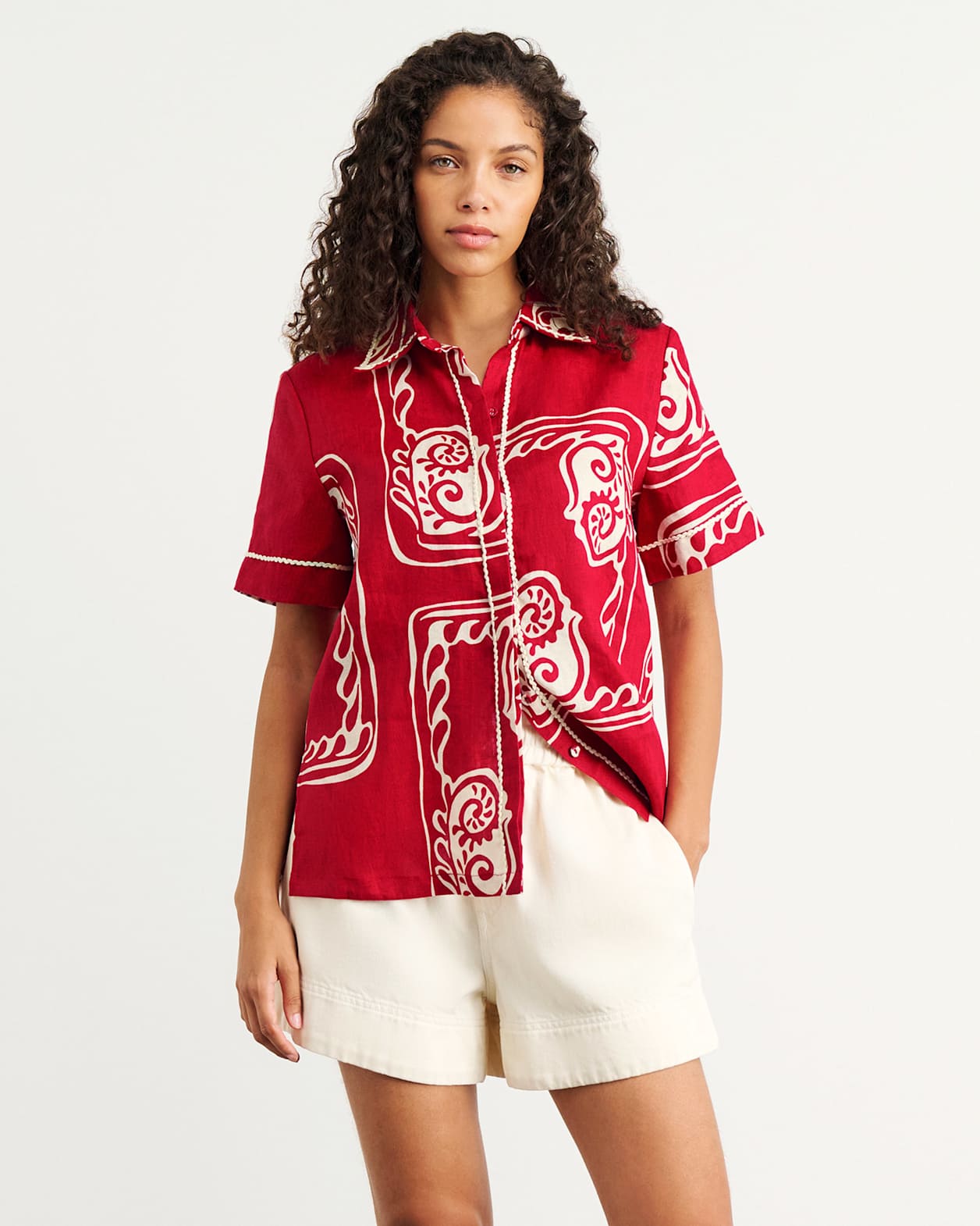 Ceeze Linen Short Sleeve Shirt in RED MULTI