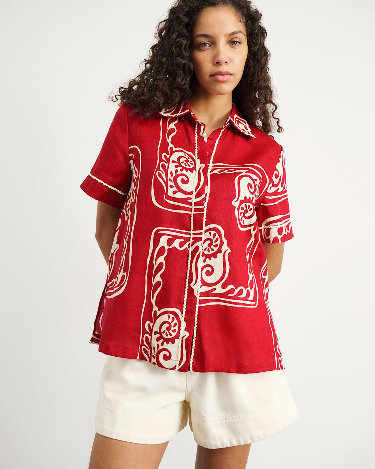 Ceeze Linen Short Sleeve Shirt in RED MULTI
