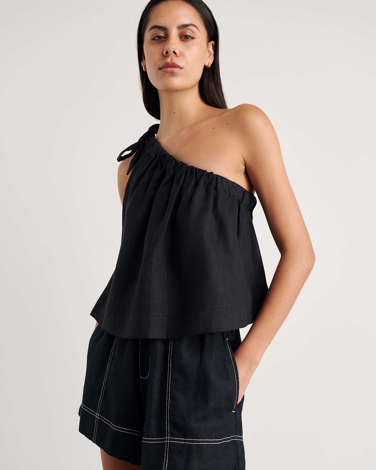 Ariel One Shoulder Linen Top in BLACK